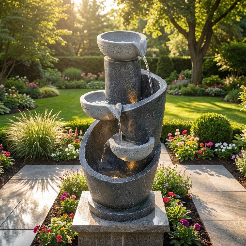 BBWL Zierbrunnen LED Wasserspiel mit Pumpe Kunststein Optik Dekobrunnen, Dekobrunnen Terrasse Balkon grau