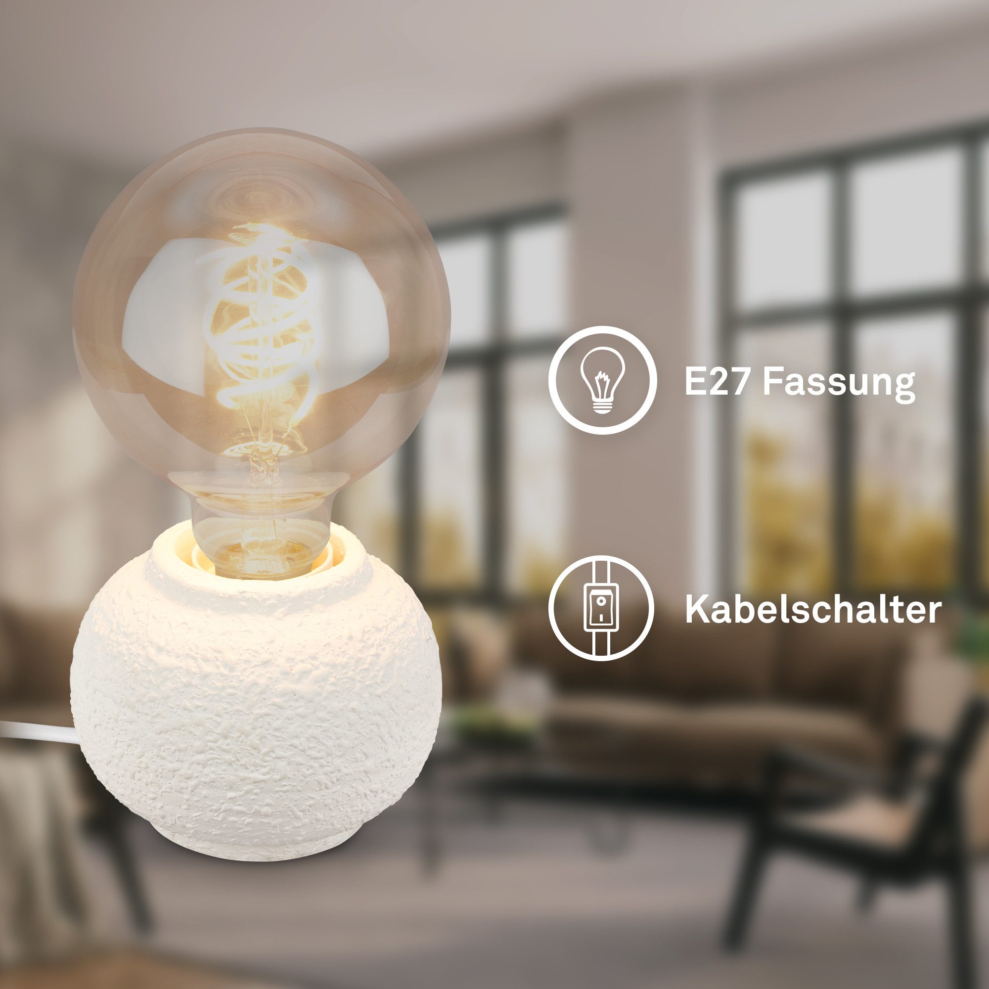 Briloner Leuchten LED Tischleuchte Tischlampe Keramik Kabelschalter für E27 Wohnzimmer Kommode Flur, ohne Leuchtmittel, Abhängig vom Leuchtmittel, 10x8 cm, Wohnzimmer, Schlafzimmer, Büro