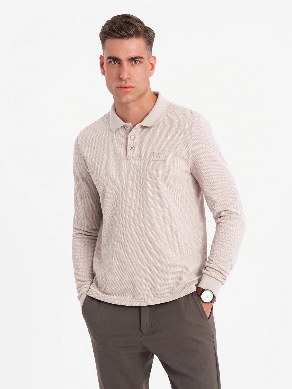 OMBRE Longsleeve Strukturiertes Herren-Polo-Longsleeve mit Patch