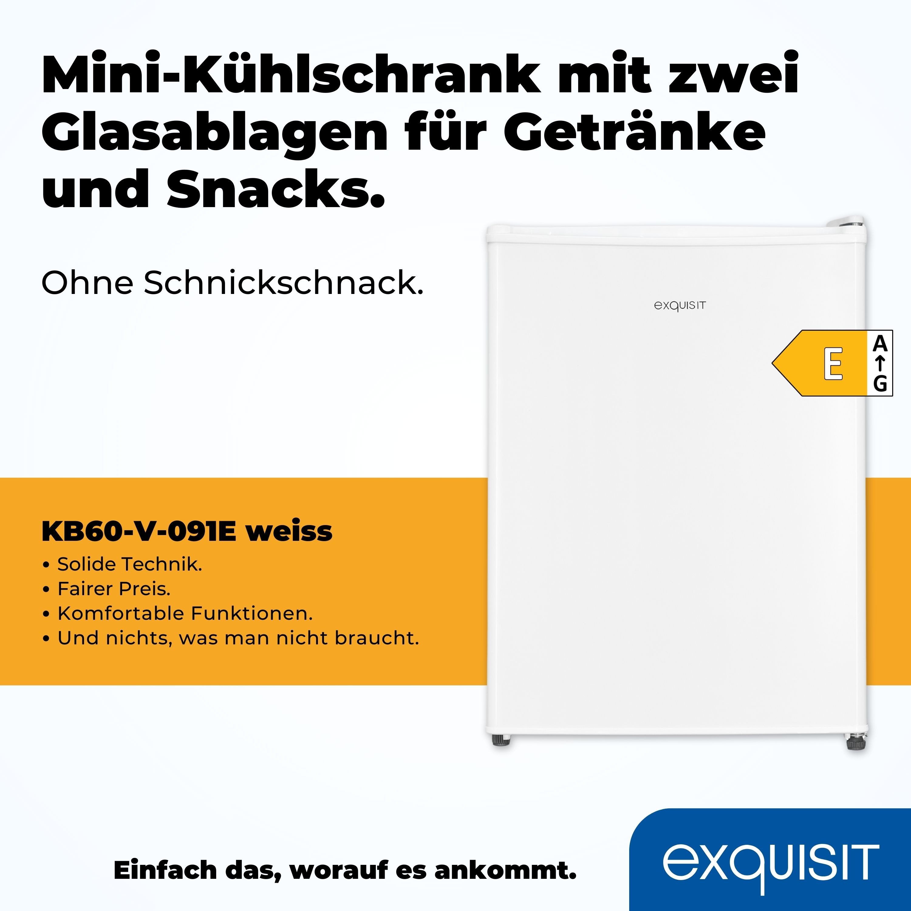 exquisit Kühlschrank KB60-V-090E weiss, 62 cm hoch, 45 cm breit, Perfekte Kühlung für Snacks & Getränke – kompakt, flexibel, effizient