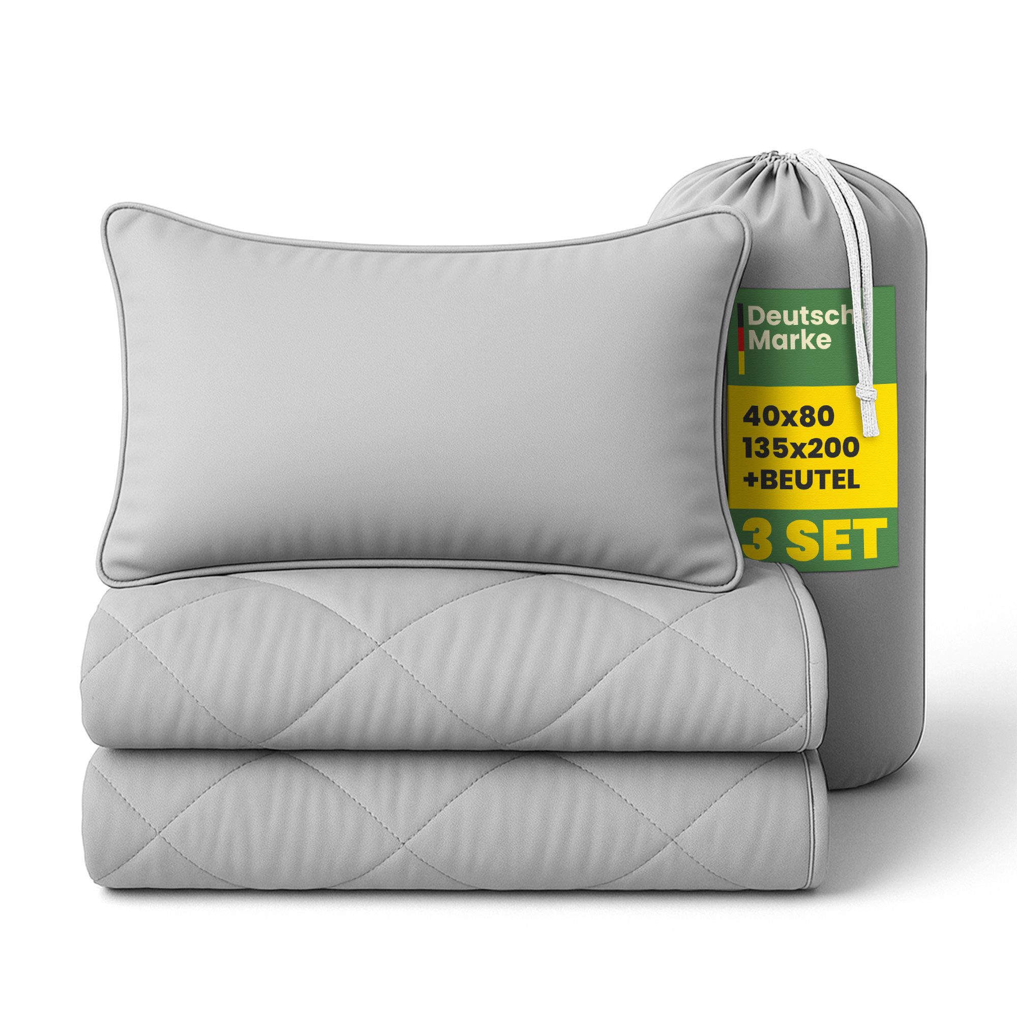 Bestlivings Steppbett + Kopfkissen inkl. Beutel für Reisen/Camping, Füllung: Polyester, Decke 135x200, Kissen 40x80, ohne Bettwäsche nutzbar, 60°C waschbar