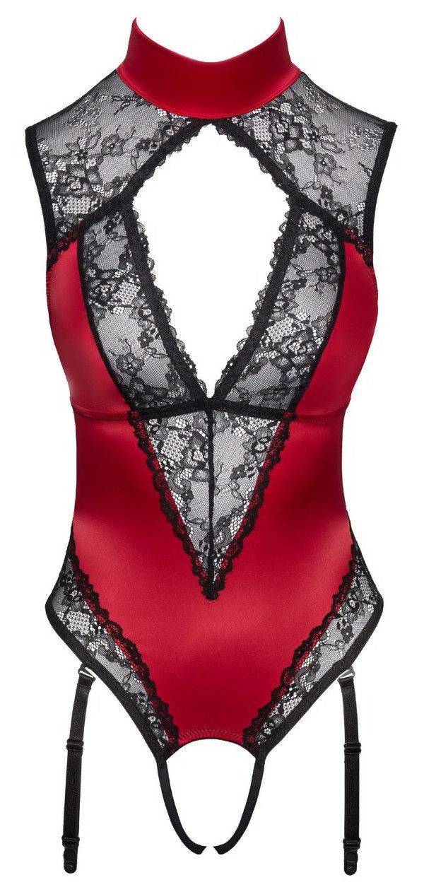 Body Ouvert-Body mit Strumpfhaltern - schwarz, rot