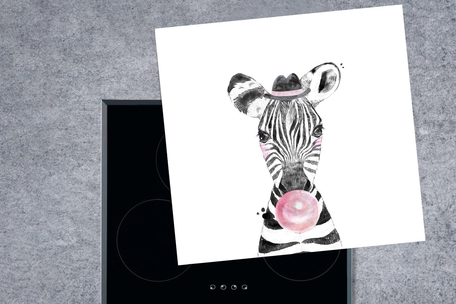 Tiere Kaugummi für Zebra - Ceranfeldabdeckung, tlg), - Herdblende-/Abdeckplatte 78x78 Vinyl, MuchoWow cm, Arbeitsplatte (1 - Rosa, - - Mädchen küche Kind