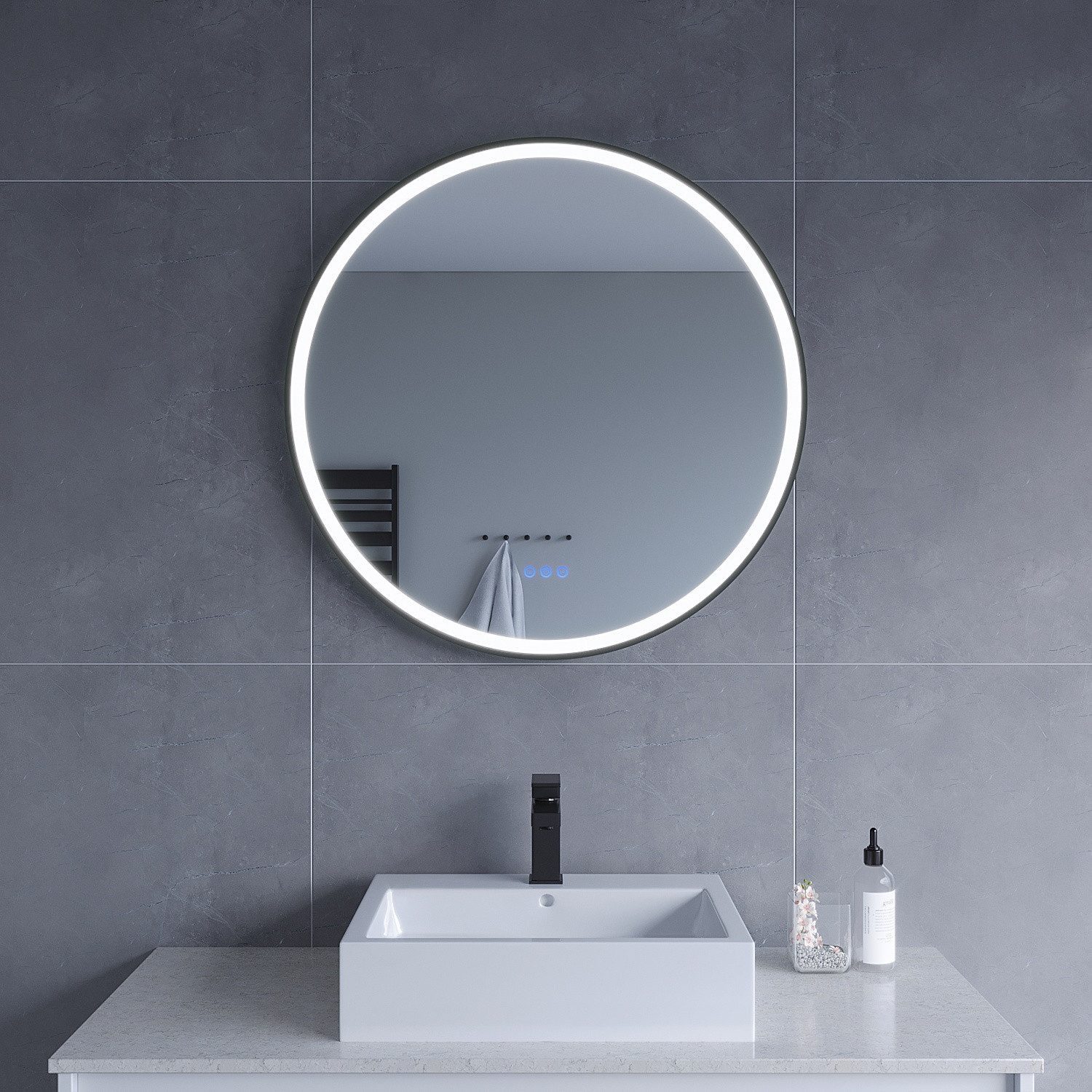 AQUALAVOS LED-Lichtspiegel Runder Badspiegel mit Beleuchtung Ø60/80 cm Alurahmen IP44 Wandmontage, Anti-Beschlag Memory-Funktion IP44 Farbwiedergabeindex (CRI) > 90