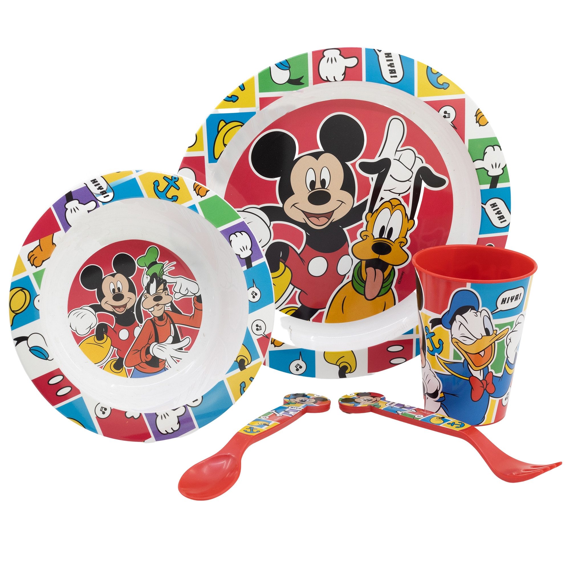 Disney Kindergeschirr-Set Disney Mickey Maus Kinder Geschirr-Set 5 teilig (5-tlg), 1 Personen, Kunststoff, Becher Teller Schüssel Besteck