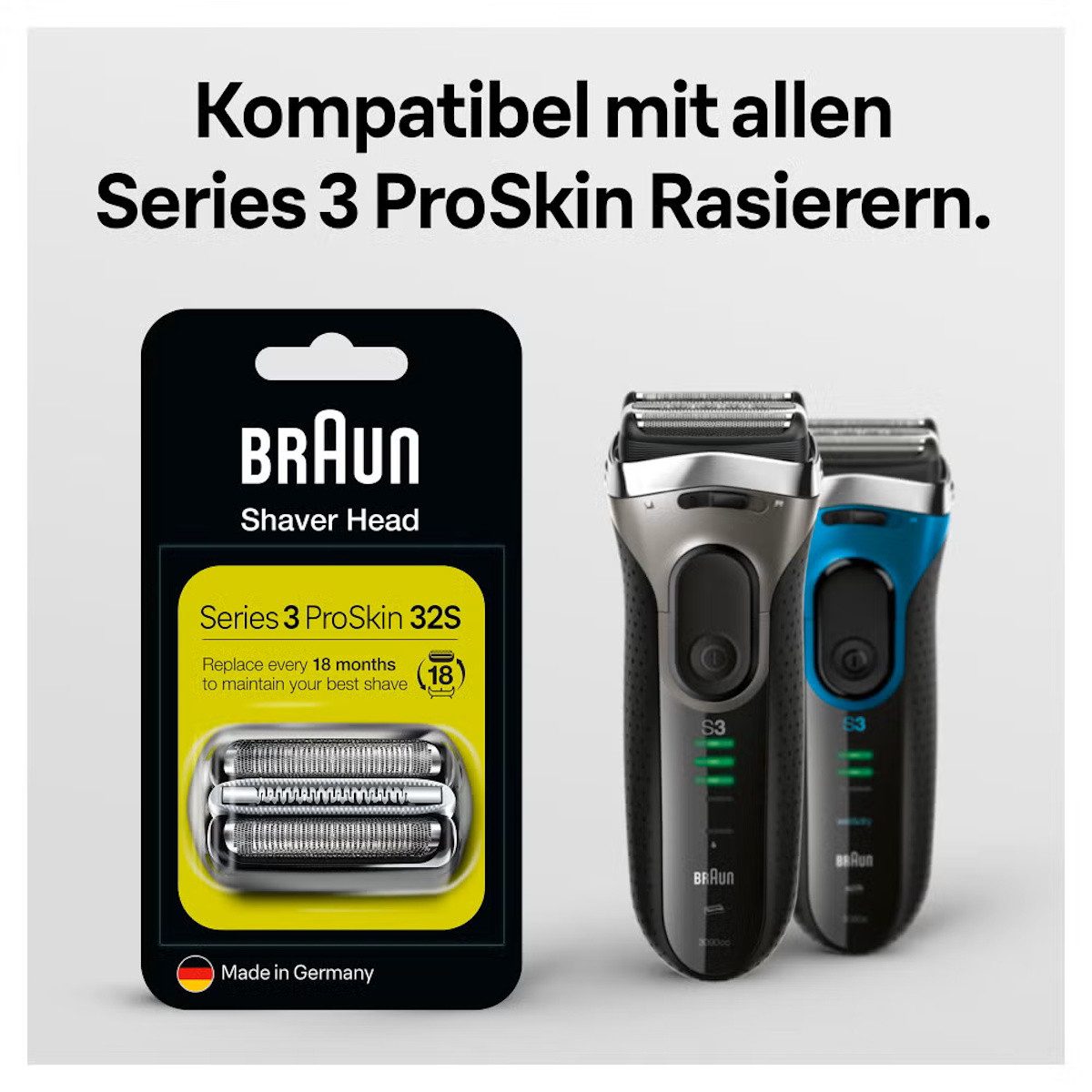 Braun Ersatzscherkopf 90307834 - Braun Series 3 Scherkopf 32S (SILBER), 32S, Ersatz-Kombipack für elektrische Rasierer