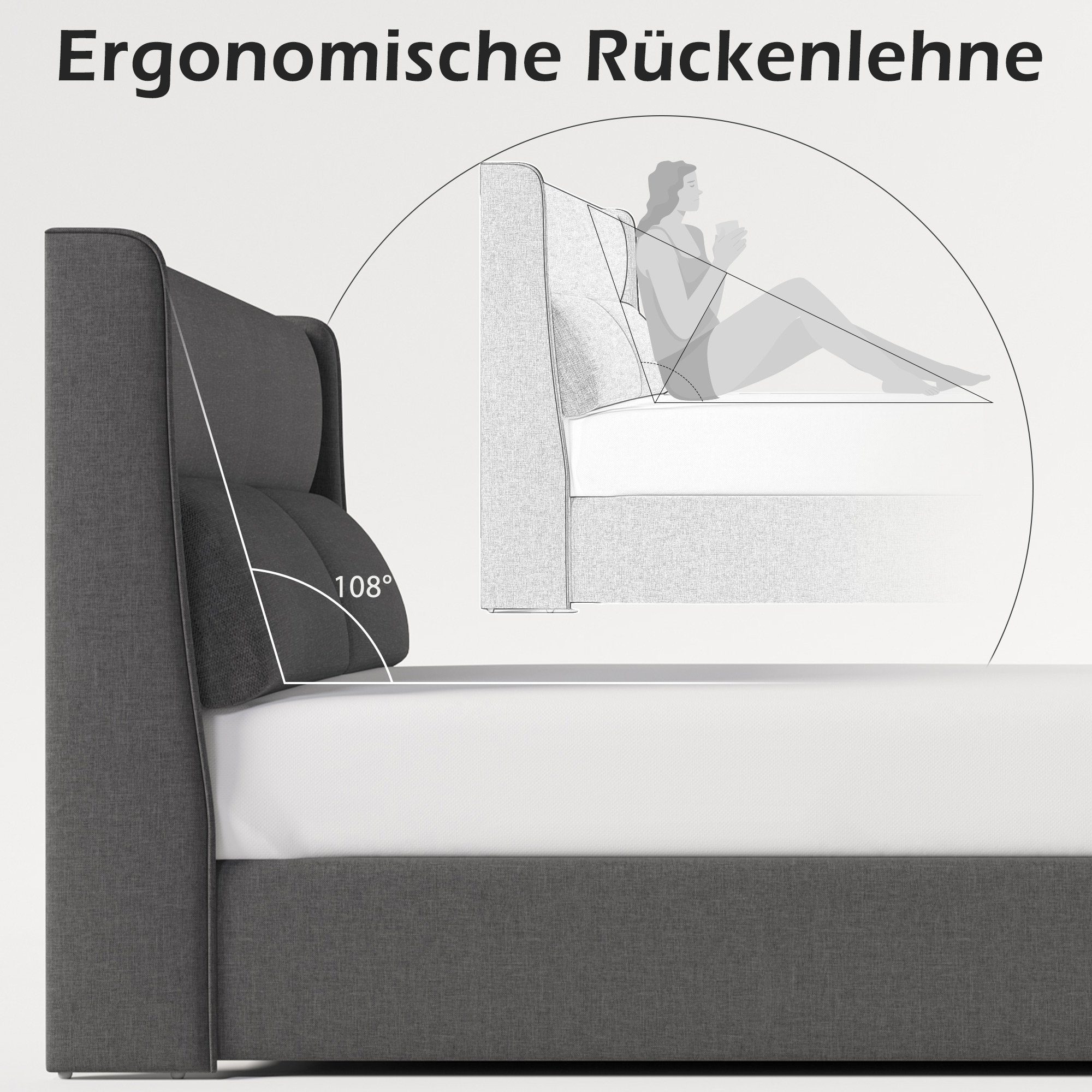 Boxspringbett (Polsterbett mit Verstellbare Kopfstützen, Lattenrost und Bettkasten), Stauraumbett Hydraulisches Bett 140 x 200 cm, Bezug aus Leinen