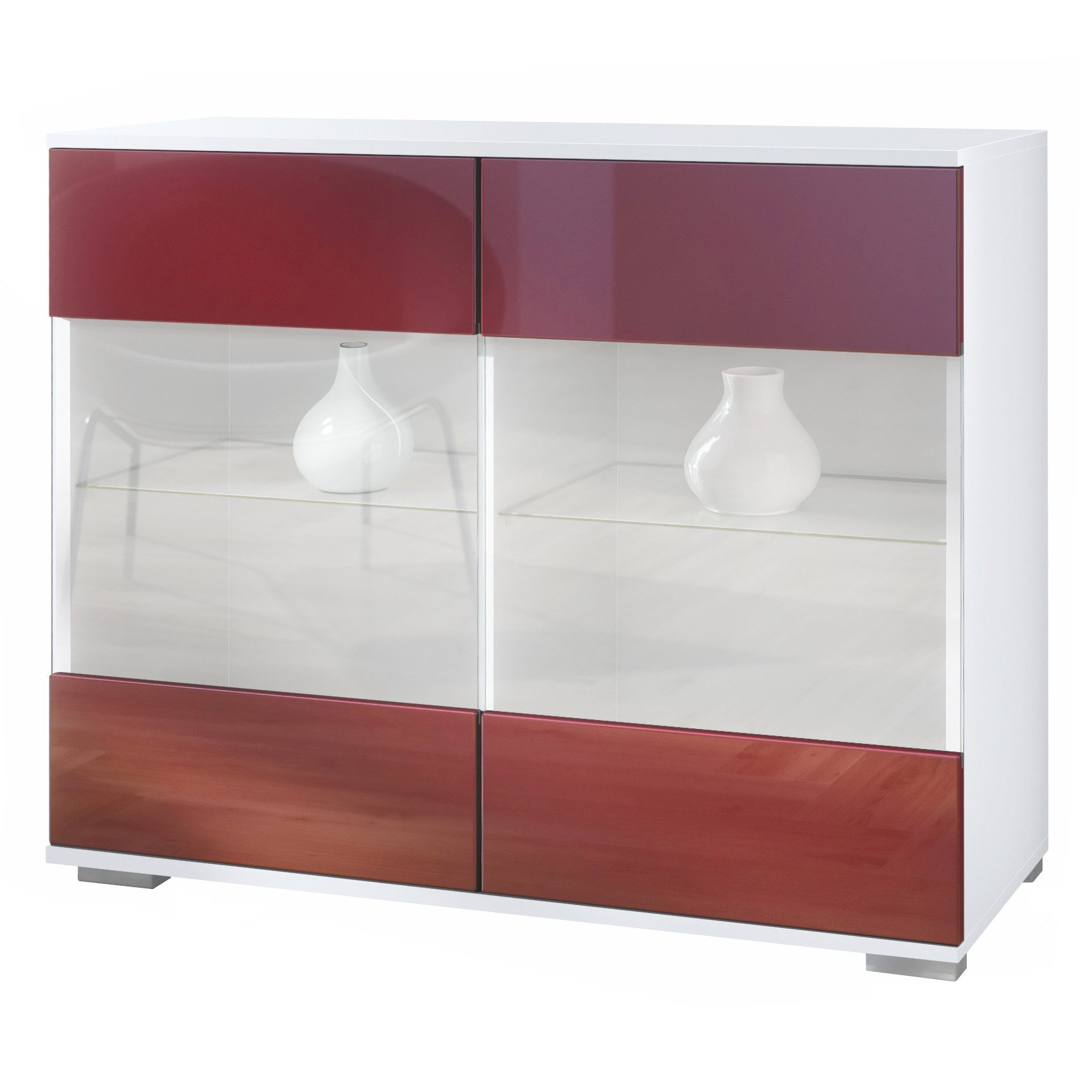 Vladon Kommode Bari V3 (Moderner Küchenschrank, mit 2 großen Glastüren), Weiß matt / Bordeaux Hochglanz (92,5 x 75.5 x 35)