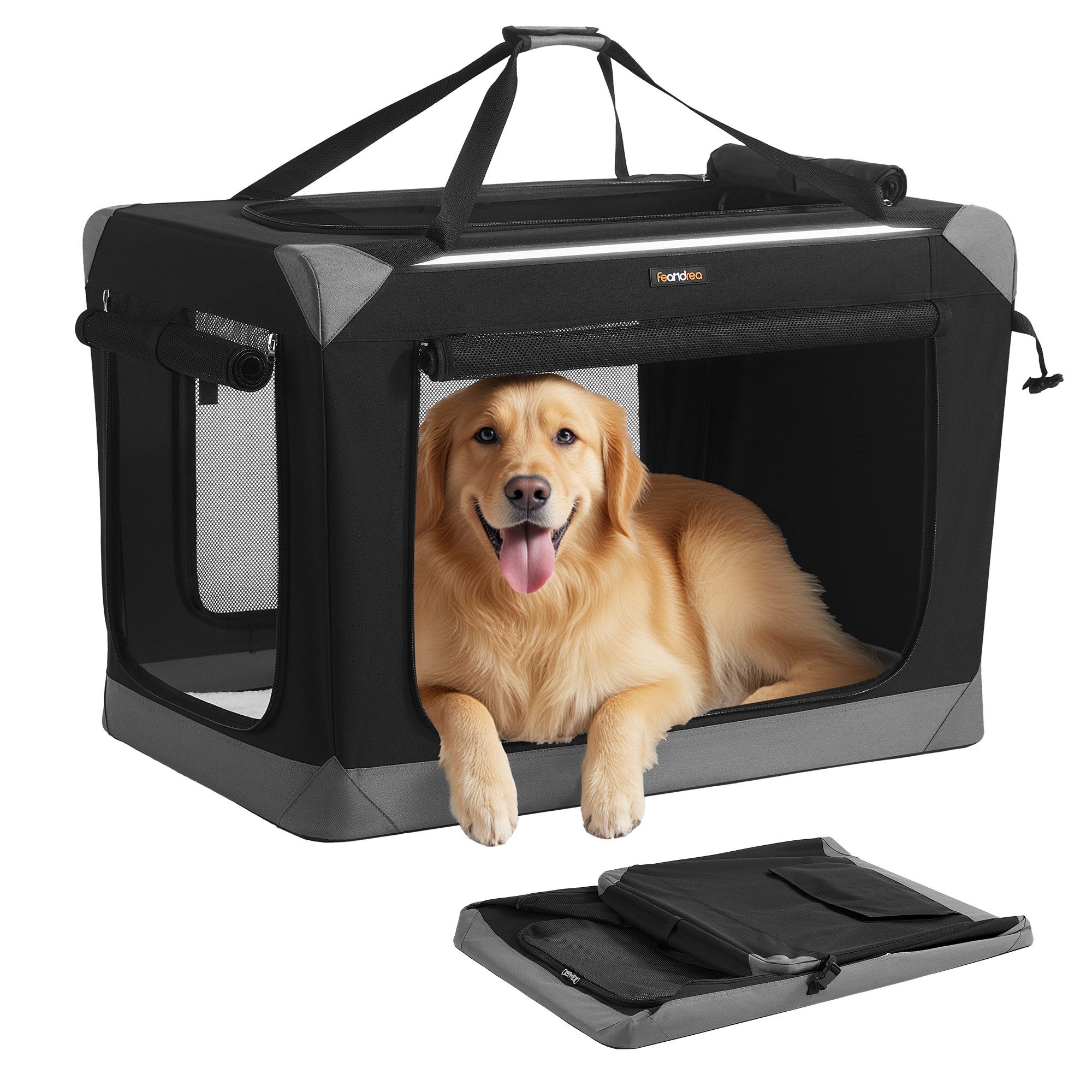 FEANDREA Hunde-Transportbox Hundebox faltbar, Hundetasche, Oxford-Gewebe, tintenschwarz-taubengrau, mit 4 Türen aus Netzstoff, Griffen, Tasche, 91,4 cm, für große Hunde