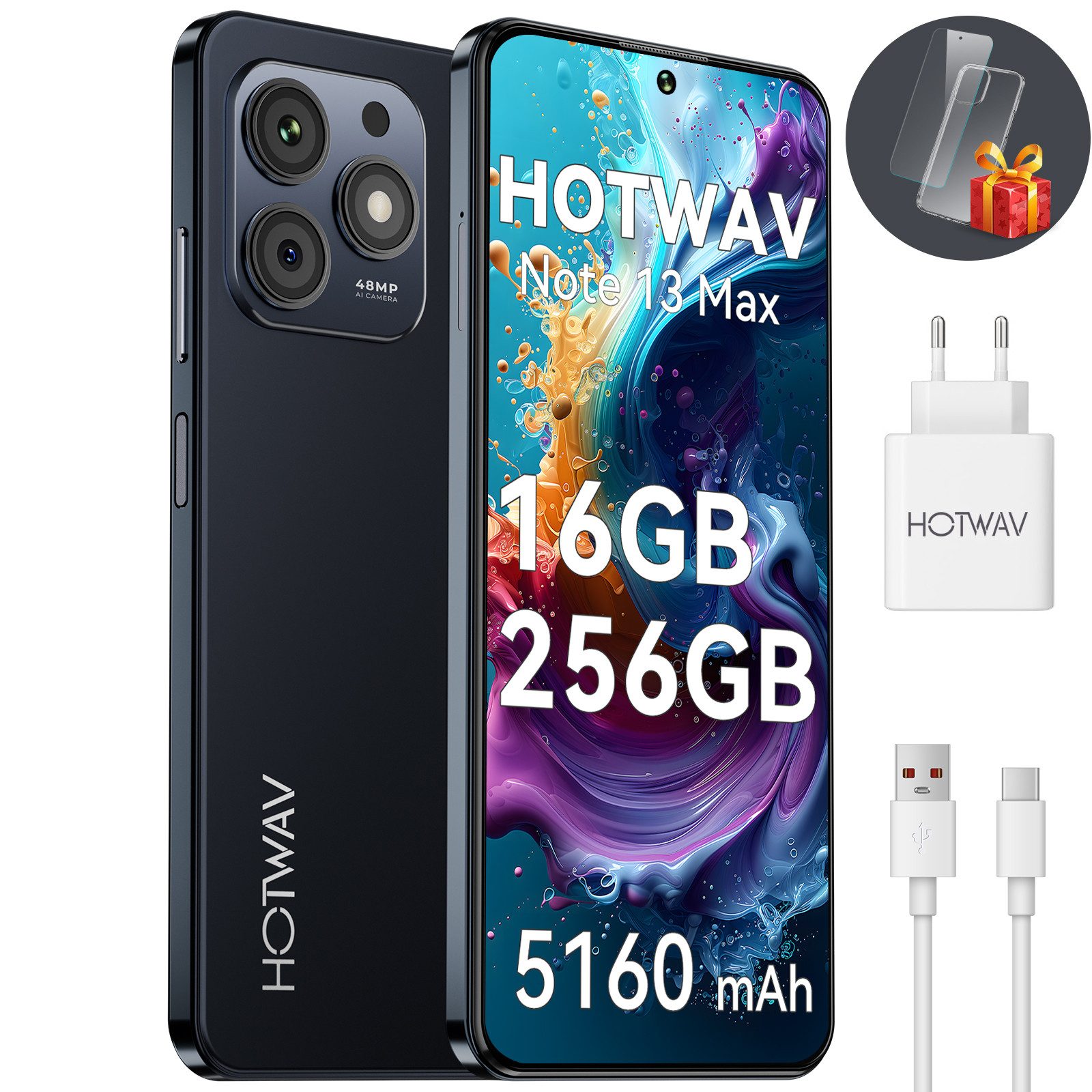 HOTWAV Note 13 Max Handy, 16+256 GB/1 TB Smartphone, Android handy, Smartphone (16,7 cm/6.8 Zoll, 256 GB Speicherplatz, 48 MP Kamera, Smartphone ohne Vertrag, Günstige Smartphone, 5160 mAh)