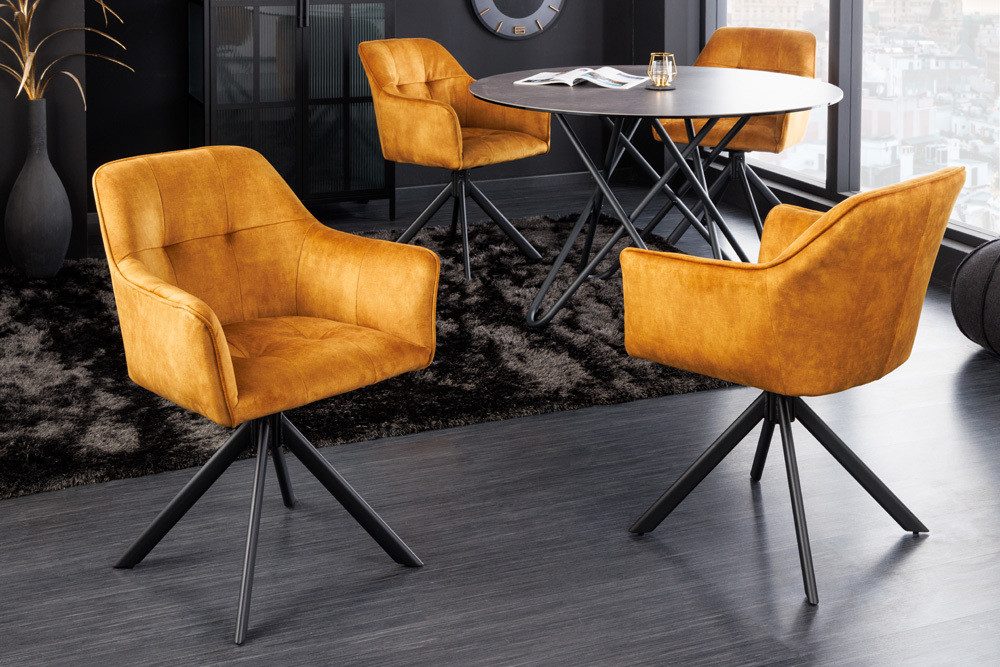 riess-ambiente Esszimmerstuhl LOFT senfgelb/schwarz – Samt, drehbar, Metall-Füße, mit Armlehne (Einzelartikel, 1 St), mit 180° Drehfunktion und Autoreturn – ideal für Dein Esszimmer