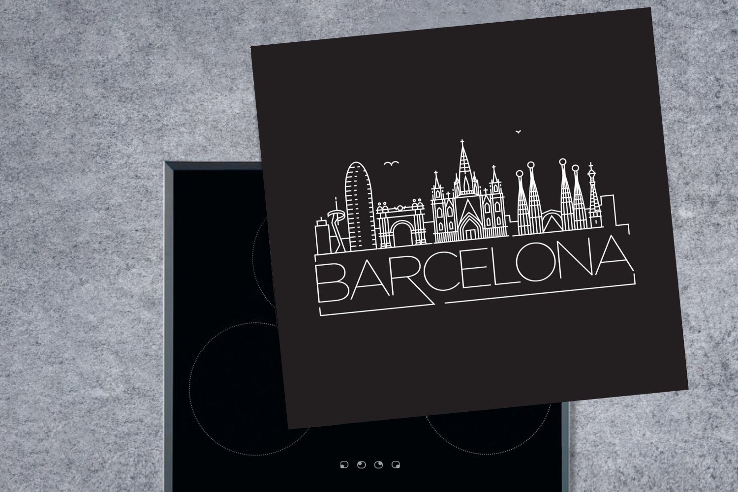 weiß Vinyl, Arbeitsplatte schwarz, MuchoWow "Barcelona" Skyline küche (1 Herdblende-/Abdeckplatte tlg), für cm, auf 78x78 Ceranfeldabdeckung,