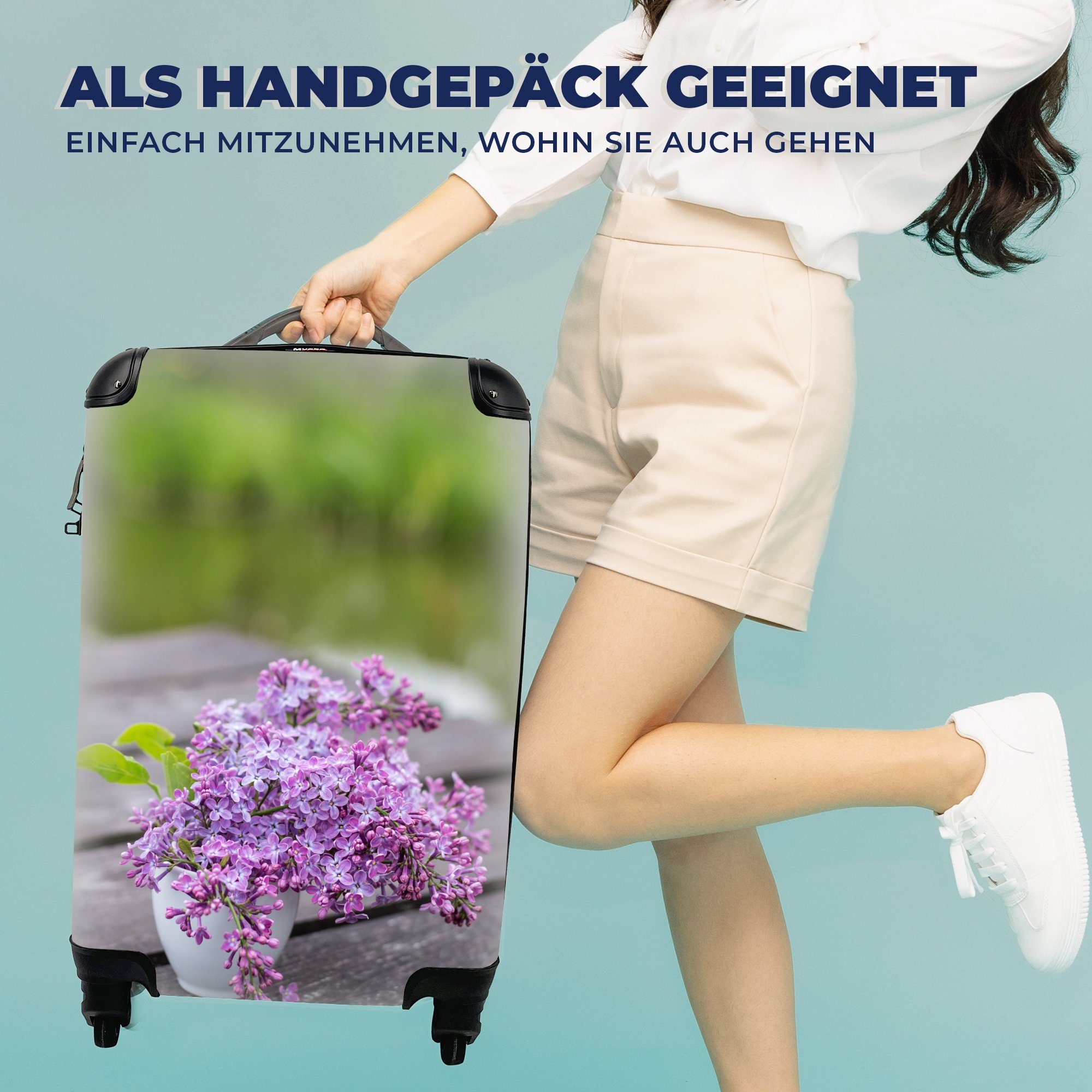 Blumenstrauß rollen, für Rollen, 4 einem Flieder Tisch, Trolley, MuchoWow Ferien, Handgepäckkoffer aus Reisekoffer Handgepäck Reisetasche auf mit