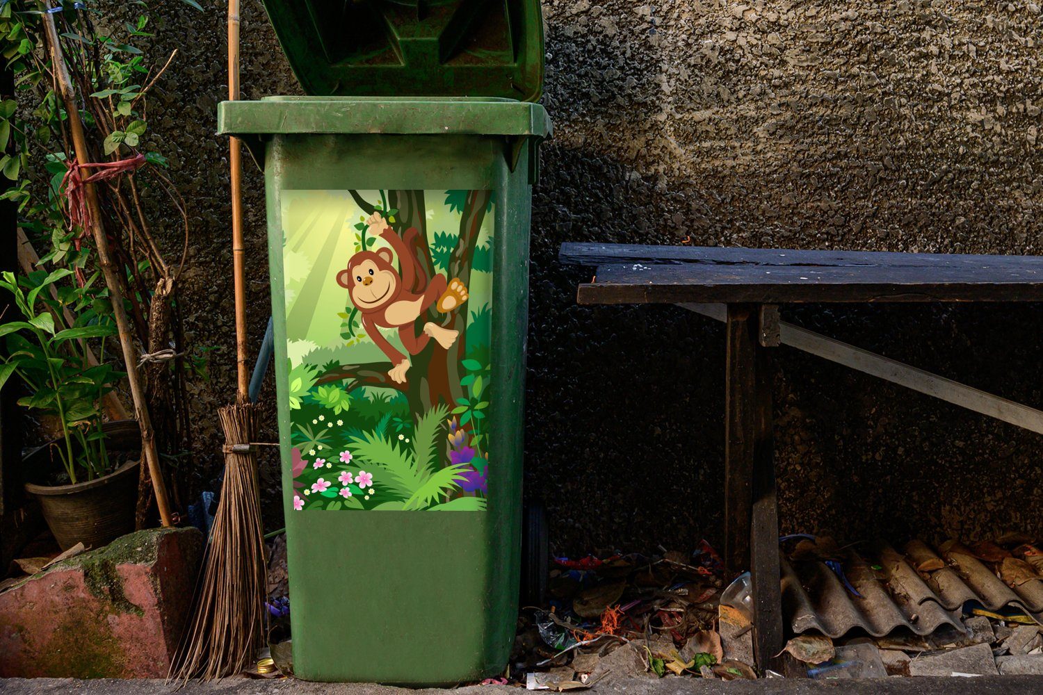 MuchoWow Blumen Mädchen - Kinder - St), Mülltonne, Container, - Affe - (1 - Jungen Wandsticker Sticker, Abfalbehälter Dschungel Mülleimer-aufkleber,