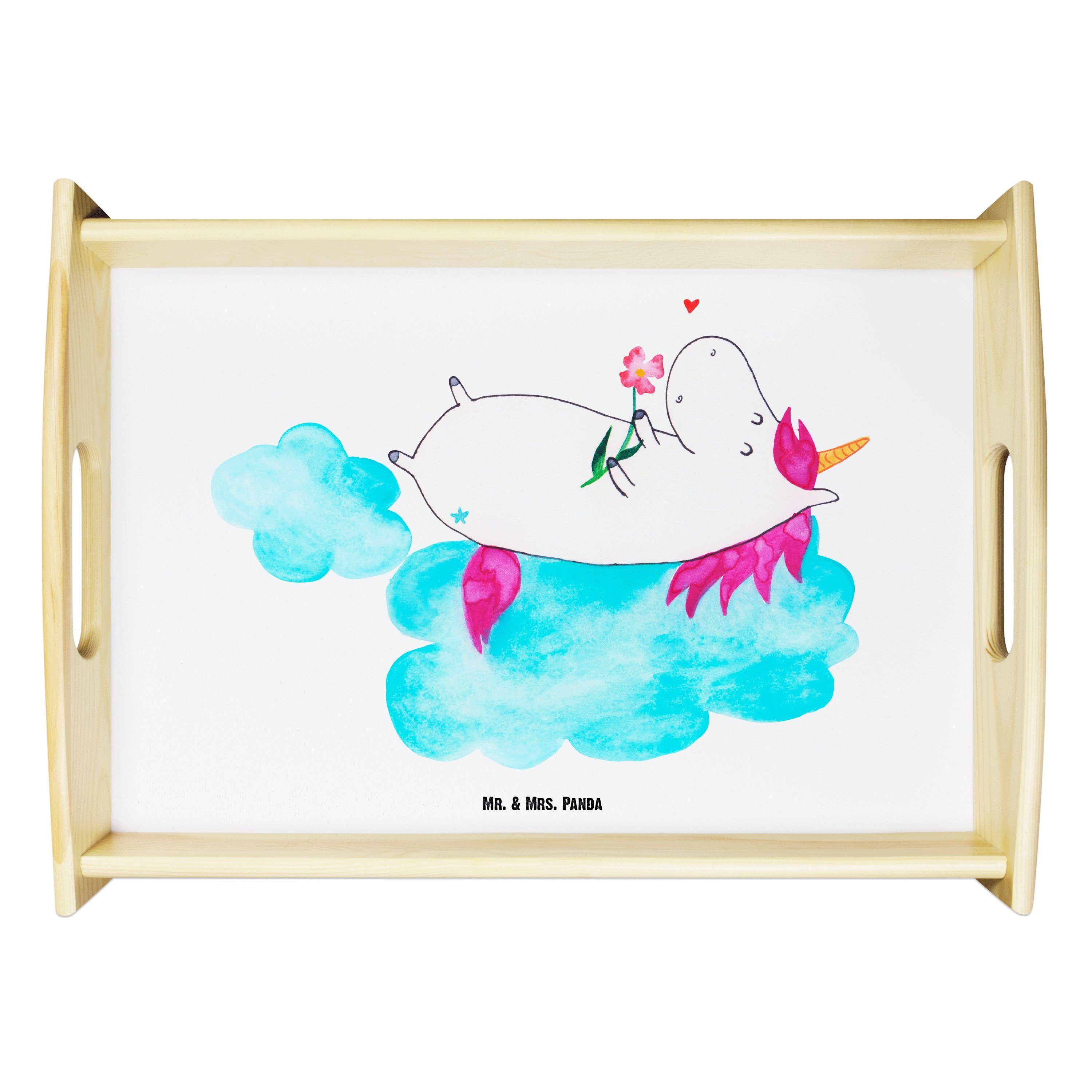 Mr. & Mrs. Panda Tablett Einhorn verliebt auf Wolke - Weiß - Geschenk, Liebe, Einhorn Deko, Ho, Echtholz lasiert, (1-tlg)