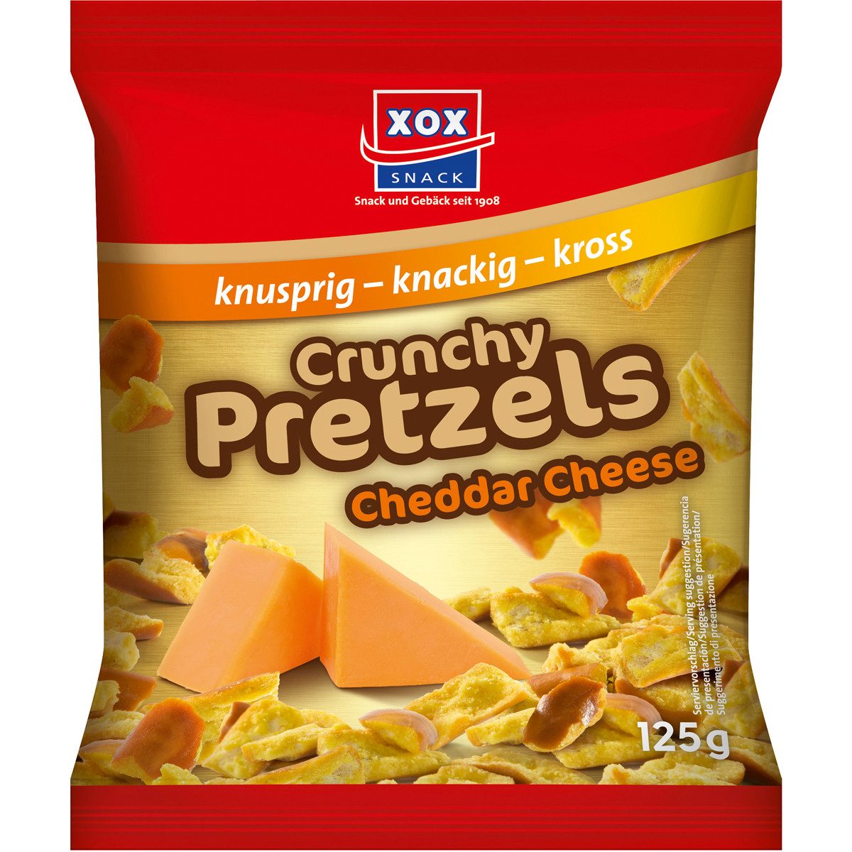 XOX Knabberei, XOX Crunchy Pretzels Cheddar Cheese Brezelstücke mit Cheddar Käse 125g
