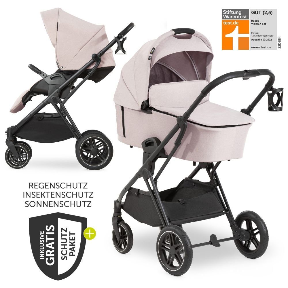 Hauck Kombi-Kinderwagen Vision - Buggy mit Set 2in1 Sportsitz (7-tlg), Kinderwagen Melange X und Beige, Regenschutz Black Babywanne, Duoset