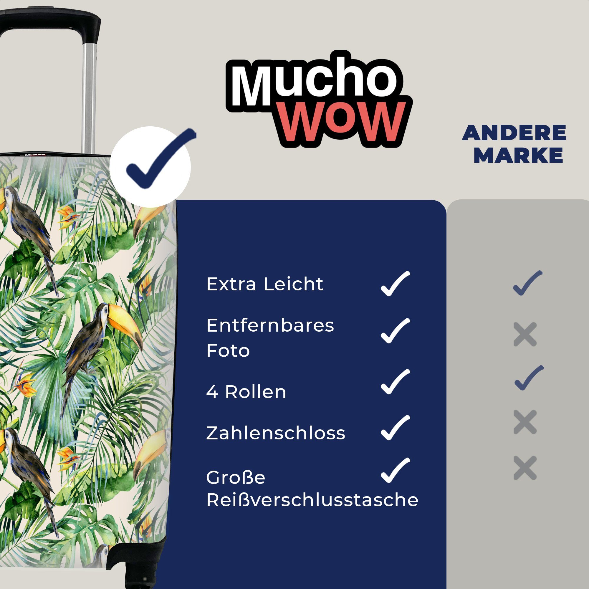 MuchoWow Handgepäckkoffer Blumen - 4 mit Trolley, Ferien, rollen, - Reisetasche für Tukan, Handgepäck Reisekoffer Vogel Rollen