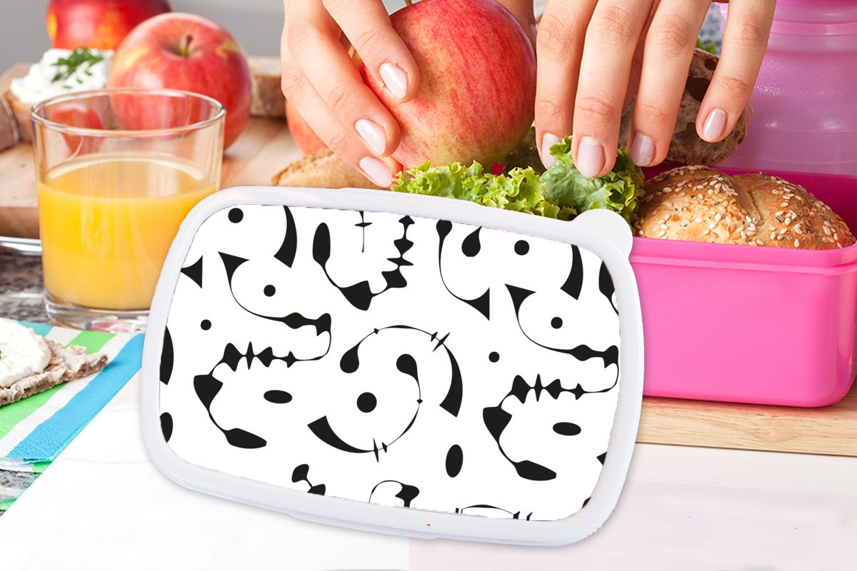 MuchoWow Lunchbox Muster, und Brotbox - - Snackbox, rosa - Schwarz Brotdose für Kinder, Kunststoff, Erwachsene, (2-tlg), Mädchen, Kunststoff Weiß Abstrakt Linienkunst