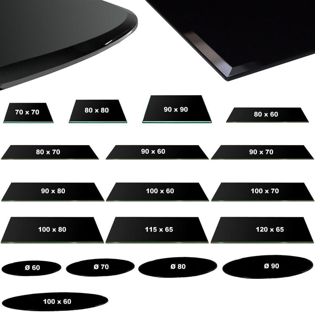 HOOZ Tischplatte Glasplatte 100x80x0,6 cm mit Facettenschliff - schwarz, rechteckig