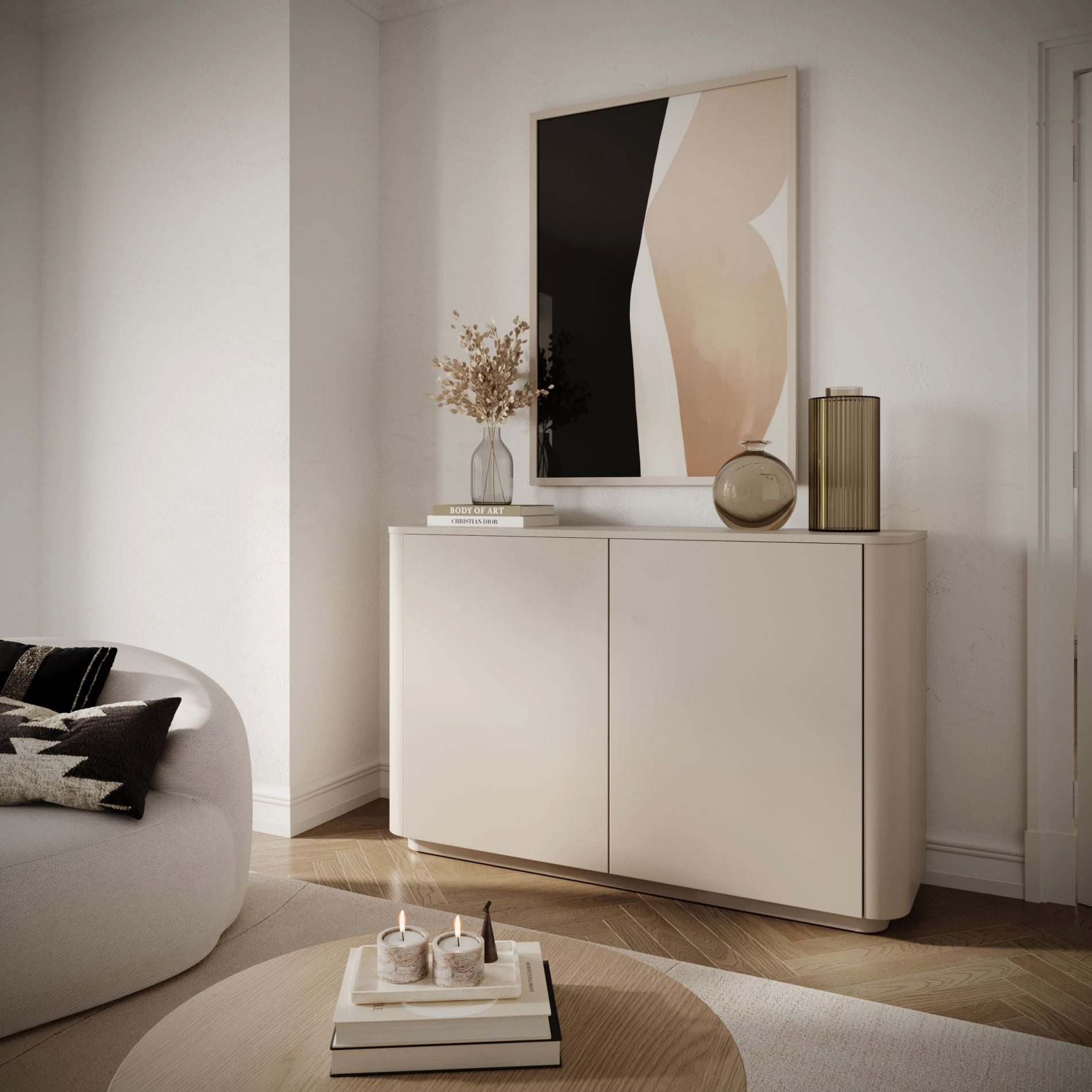 Selsey Sideboard LUVIO, 2-türig mit 6 Fächern, Kaschmirgrau, matt, abgerundete Kanten, 140 cm