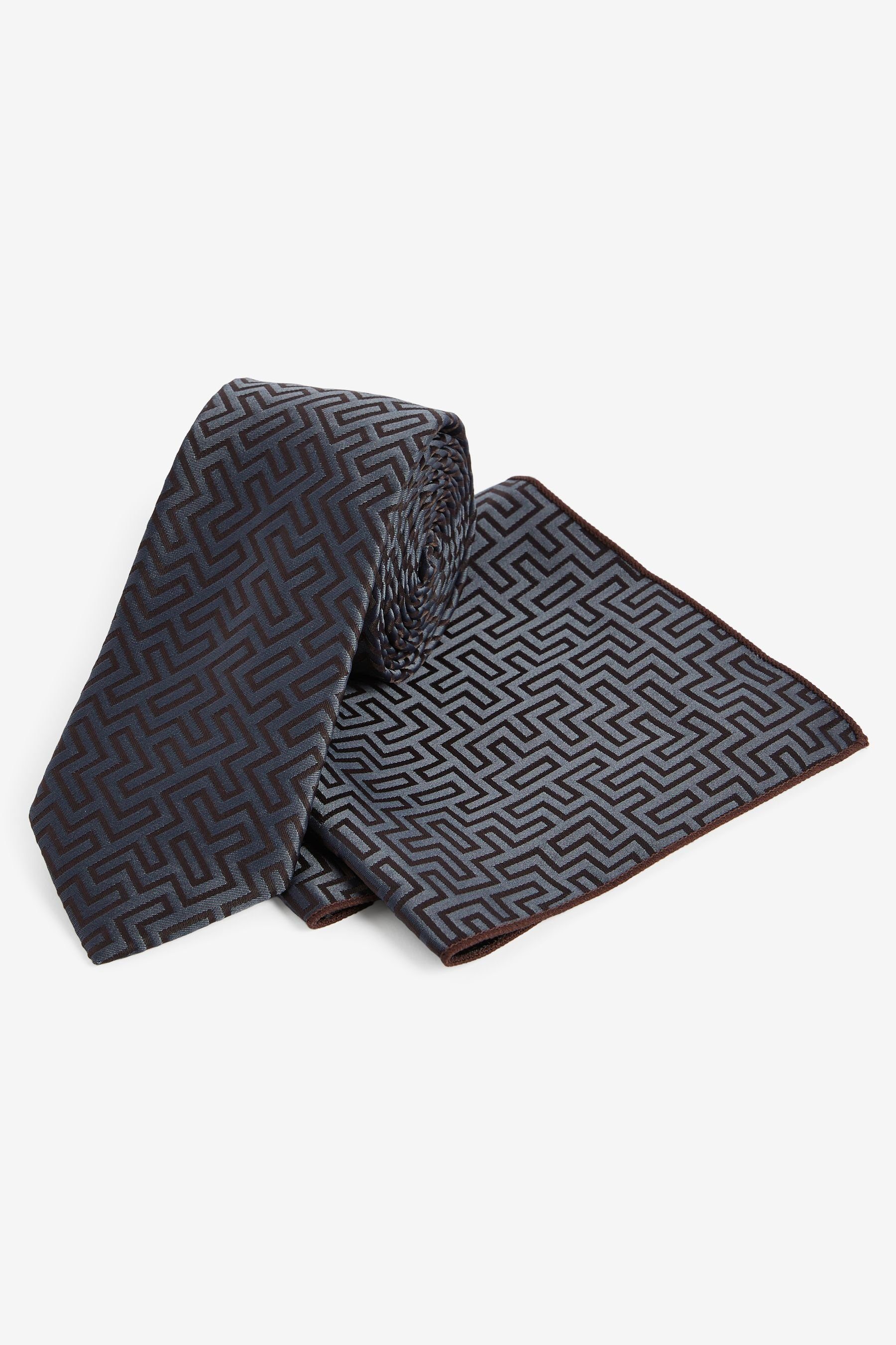 Next Krawatte Party-Krawatte und Einstecktuch im Set - Slim (2-St) Charcoal Grey/Chocolate Brown