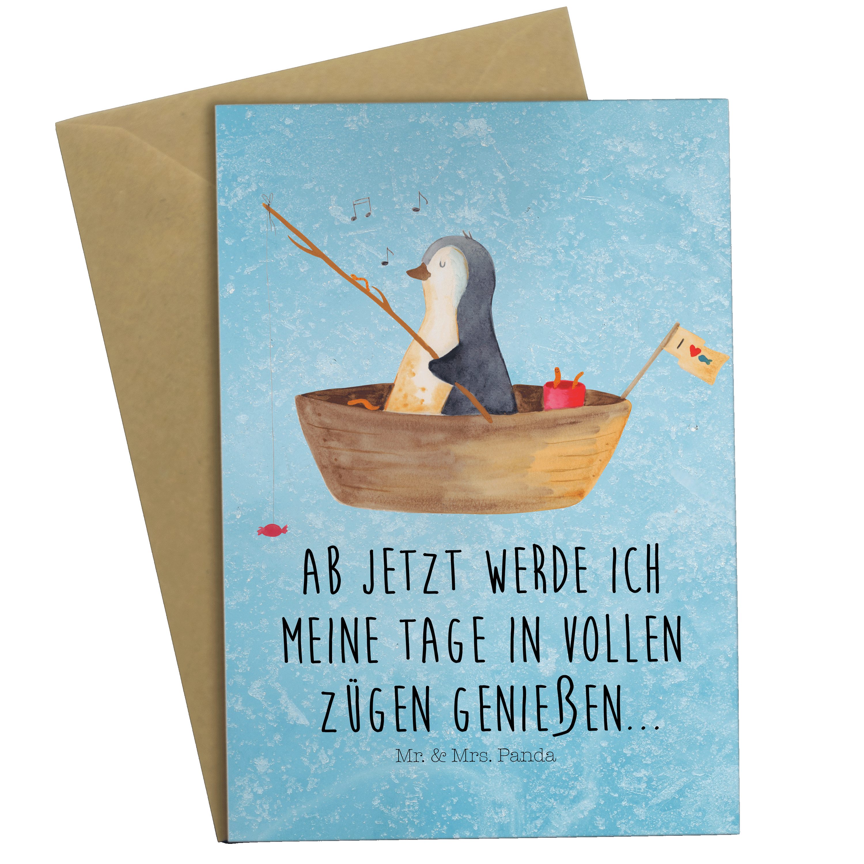 Mr. & Mrs. Panda Grußkarte Pinguin Angelboot - Eisblau - Geschenk, Geburtstagskarte, Neuanfang