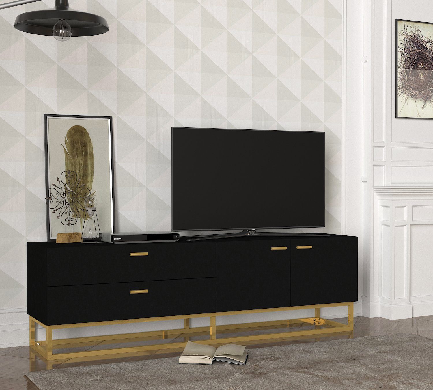 moebel17 TV-Regal TV Lowboard Theodora Schwarz Gold mit Metall Füße, modernes TV Lowboard in Schwarz mit Goldenen Metallfüßen