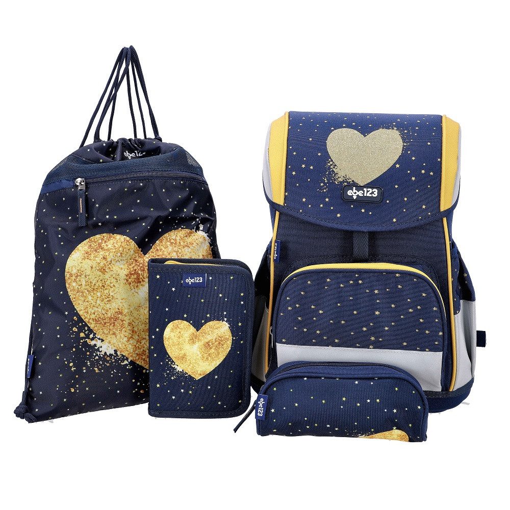 Familando Schulranzen ergonomischer Tornister (Set, 5-tlg., inkl. Federmäppchen und Sportbeutel), Mädchen Schultasche mit goldenen Sternen & Glitzer Herz