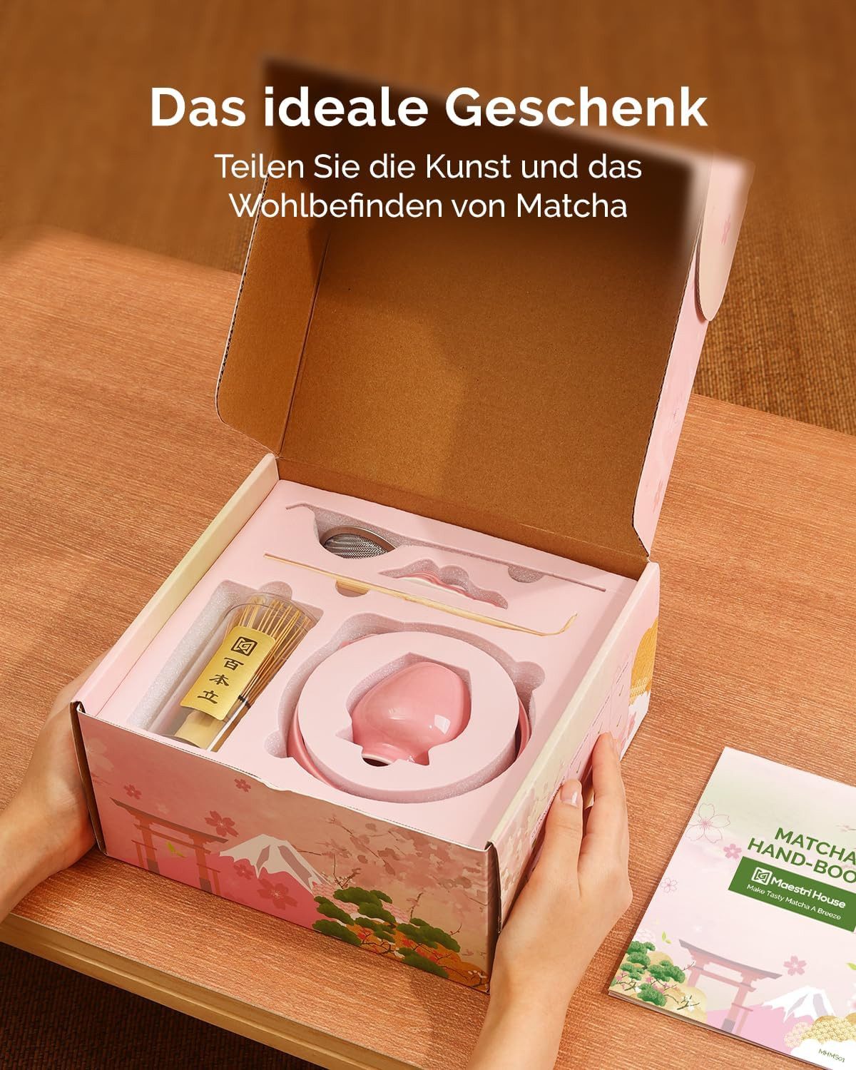 Maestri House Teeservice Japanisches Matcha Zubehör Set Matcha Besen Set Geschenkset 7-Teilig, Bambus, 510ml Schale, Bambus-Chasen, Haltern, Sieb, Löffel und Tuch erhalten