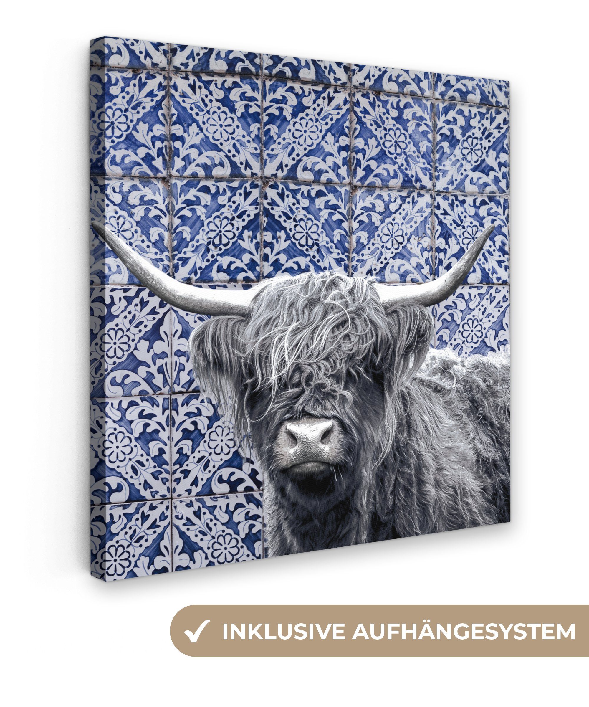OneMillionCanvasses® Leinwandbild Schottischer Highlander - Delfter Blau - Schwarz - Weiß, (1 St), Leinwand Bilder für Wohnzimmer Schlafzimmer, 20x20 cm