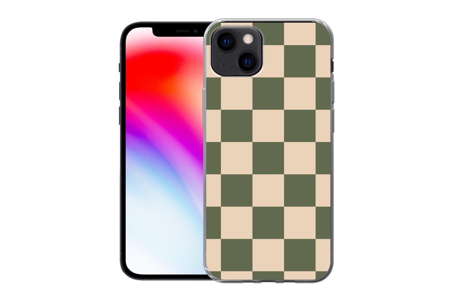 MuchoWow Handyhülle für Apple iPhone 13 Schachbrettmuster - Grün - Beige - Blöcke, Smartphone-Bumper, Print, Handy Schutzhülle Dünn