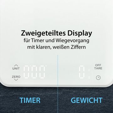 ADE Küchenwaage KE2100 Digitale Waage mit Akku (Aufladen per USB-Kabel), Aufladung per USB-Kabel, integriertem Timer, perfekt als Kaffeewaage