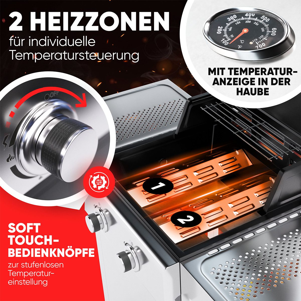 ProfiCook Gasgrill PC-GG 1309, Gasgrill bis zu 350°C, Grillroste aus Gusseisen