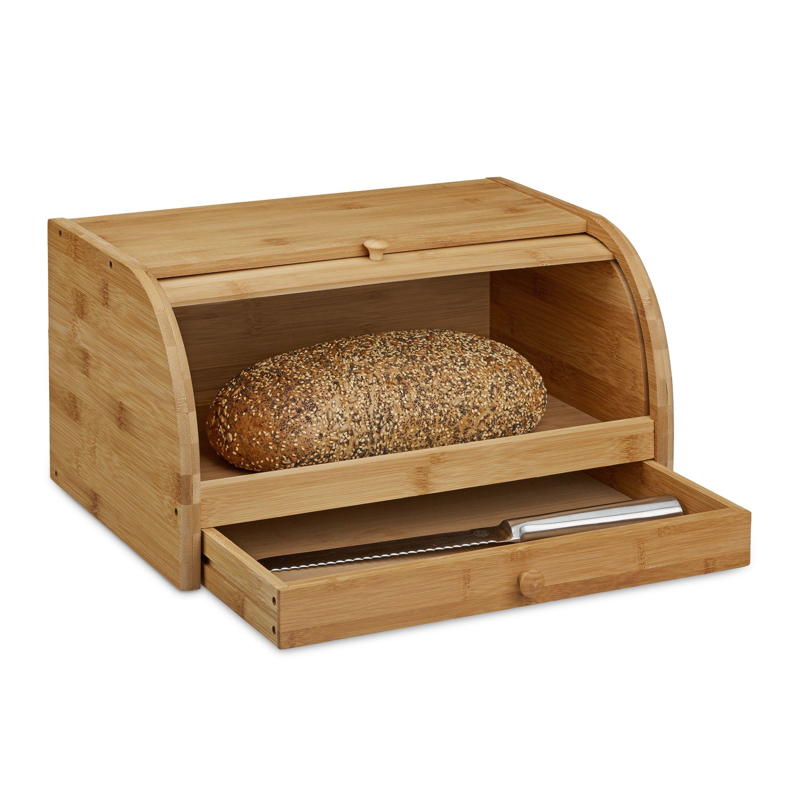 relaxdays Brotkasten Rollbrotkasten mit Schublade Bambus, Bambus