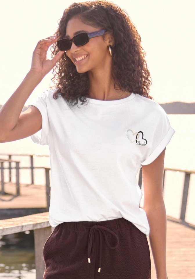 Venice Beach Kurzarmshirt mit dezentem Herzdruck und Ärmelaufschlag Rundhalsshirt mit Frontprint, T-Shirt aus Baumwolle, lockere Passform