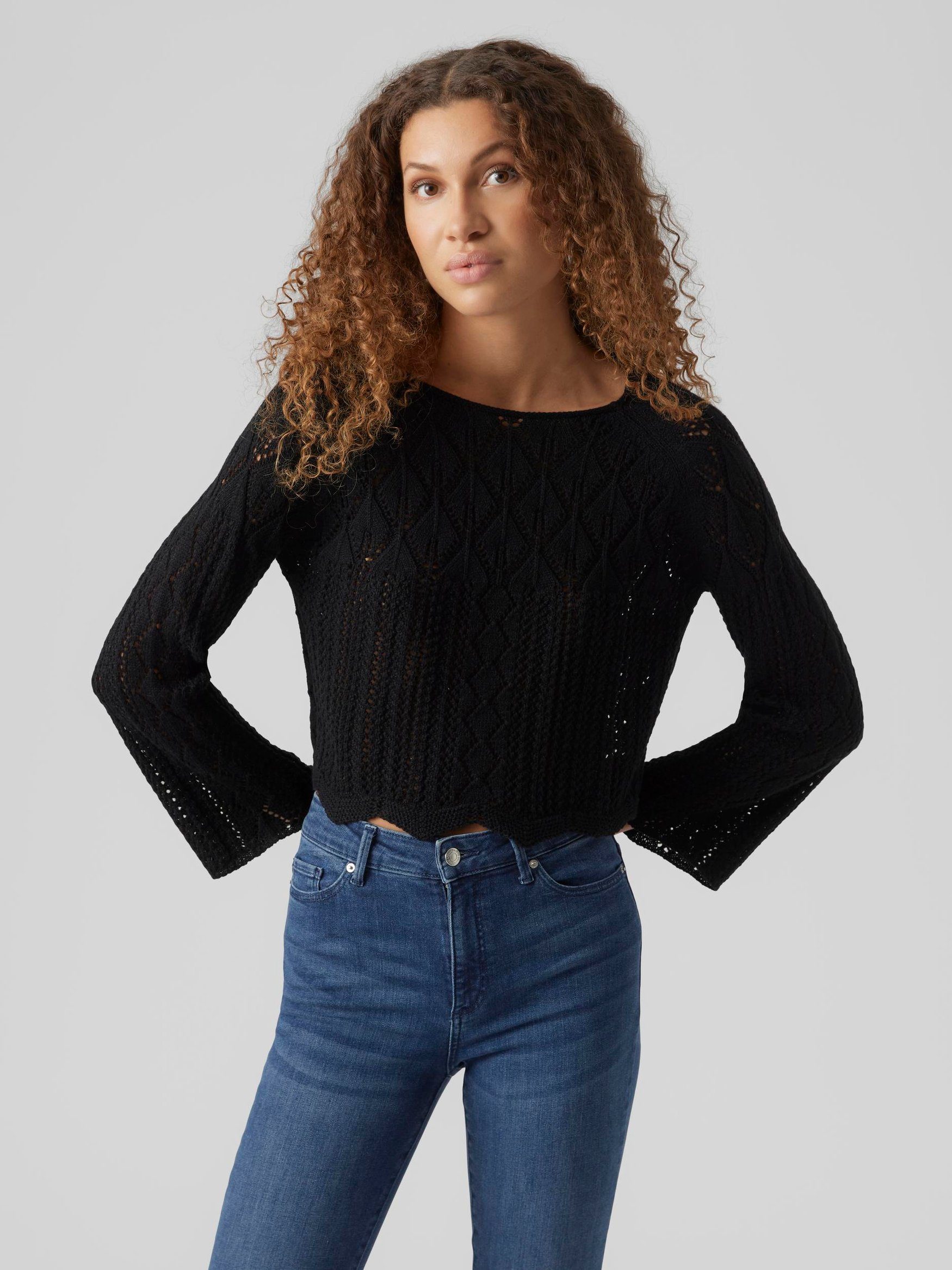 Vero Moda Strickpullover Legerer Feinstrick Pullover Weiches Strick Muster Oberteil 7090 in Schwarz