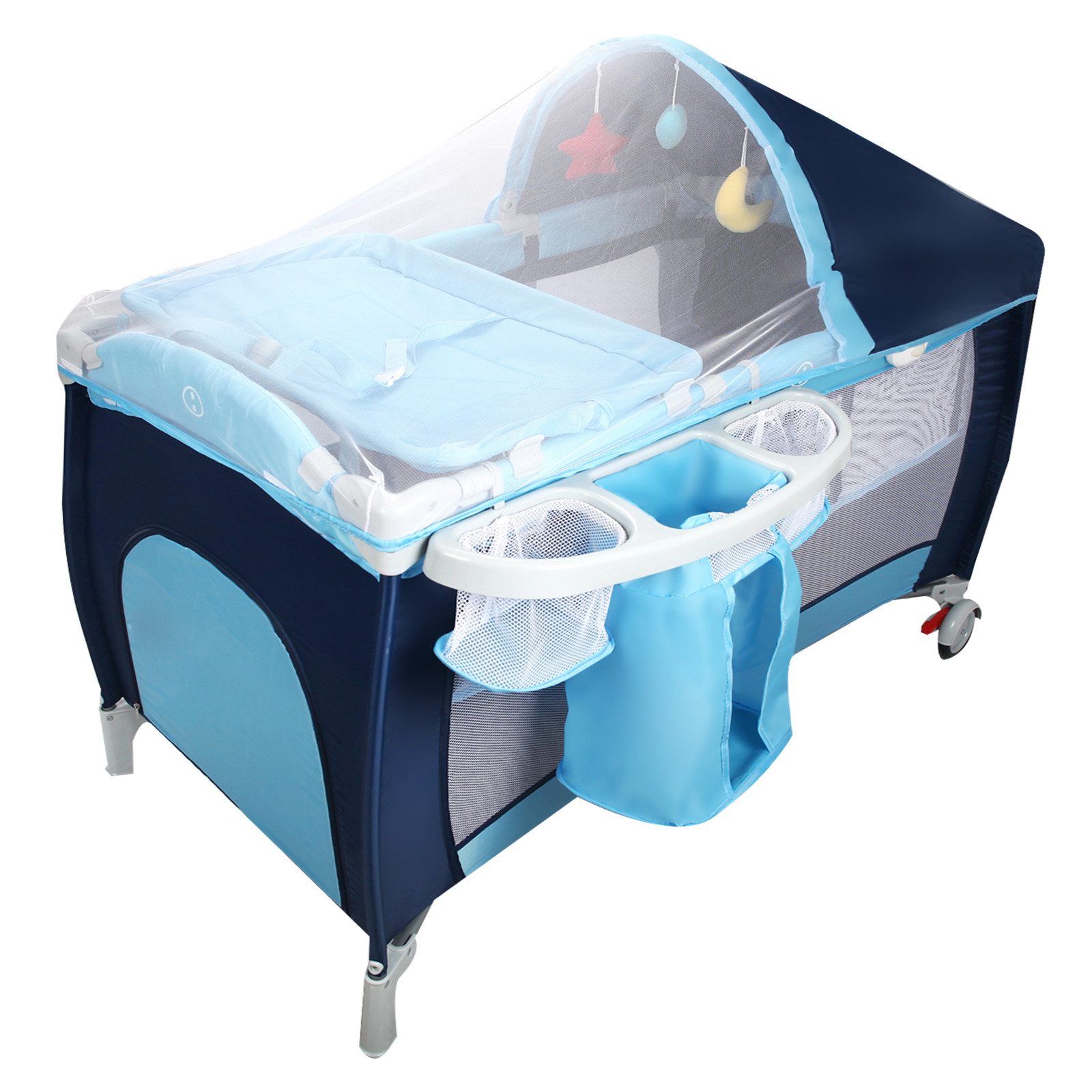 COSTWAY Baby-Reisebett 4 in 1 Kinderbett, klappbar, mit Matratze & 2 Rollen