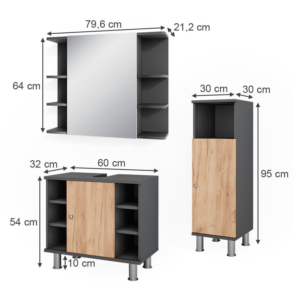 Vicco Badmöbel-Set Fynn, Anthrazit/Goldkraft Eiche, 3 Teile mit Midischrank, (3-St., 3er Set)