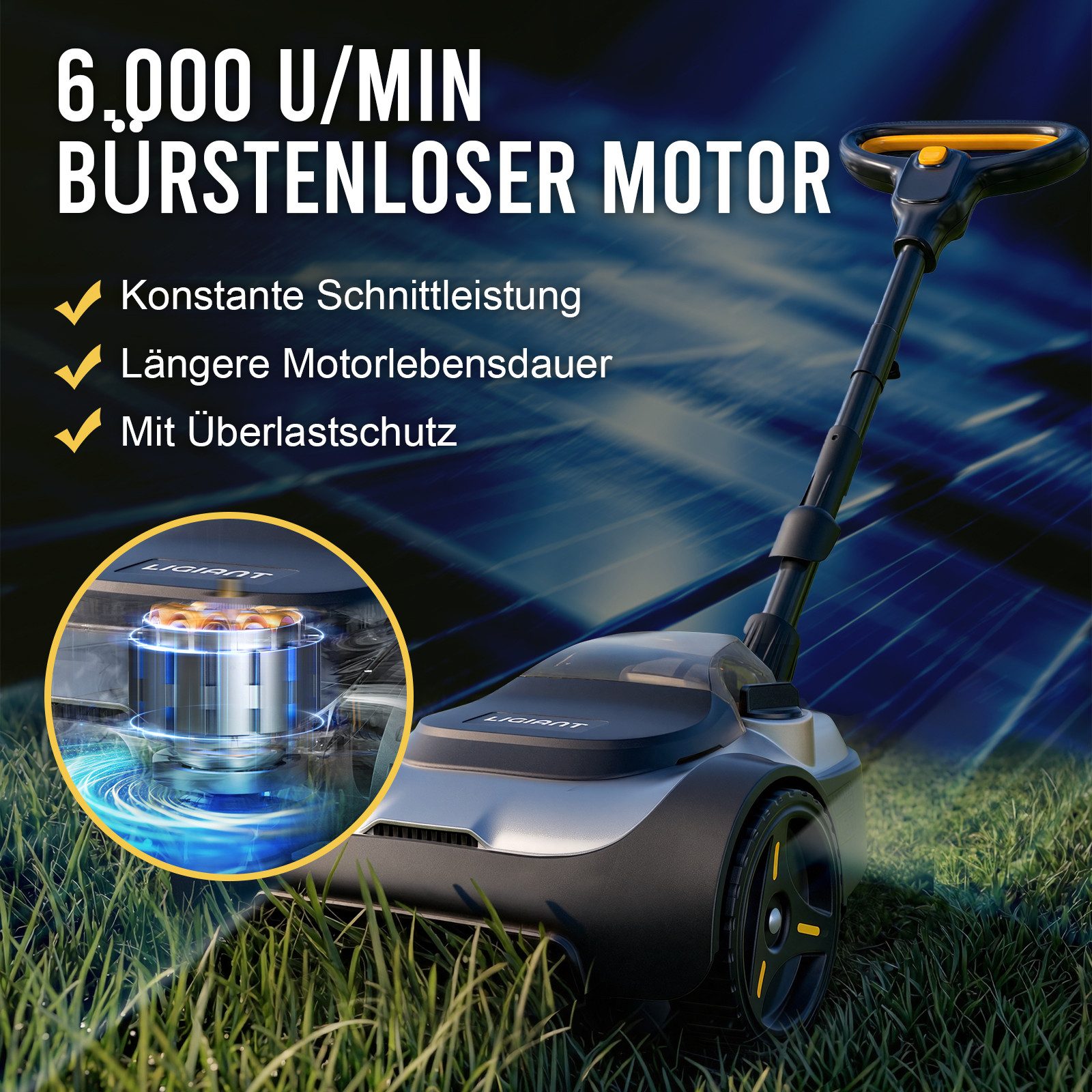 LIGIANT Akkurasenmäher 20V mit 22 cm Schnittbreite & bürstenlosem Motor, 22.86 cm Schnittbreite, Leichter 4,2 kg Rasenmäher mit 4,0Ah Akku für kleine Gärten