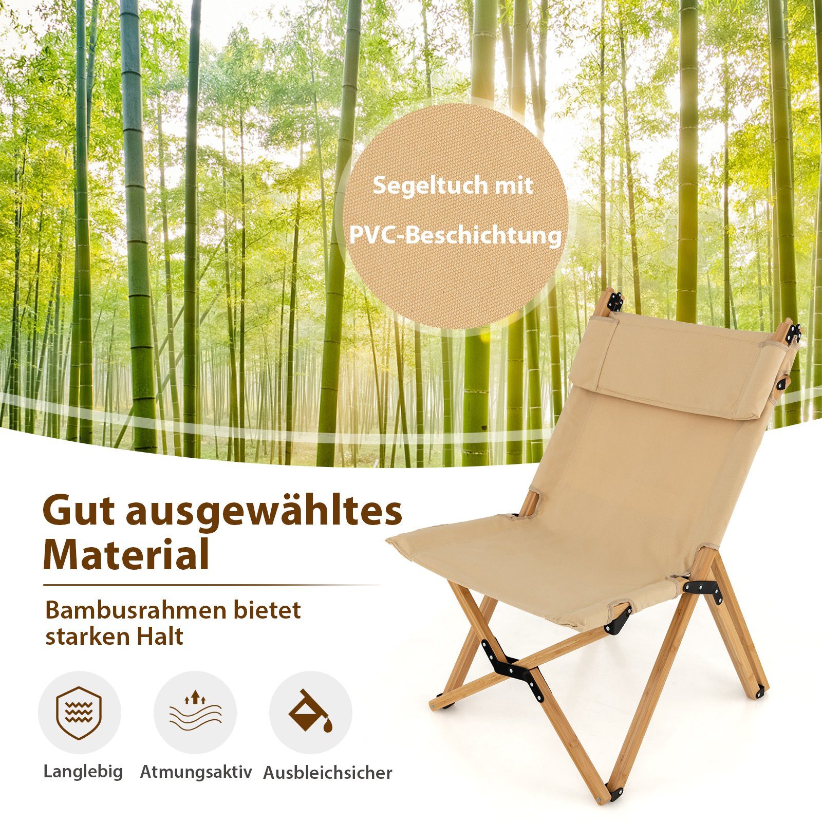 COSTWAY Campingstuhl mit Bambusrahmen, Klappstuhl verstellbarer, bis 150kg günstig online kaufen