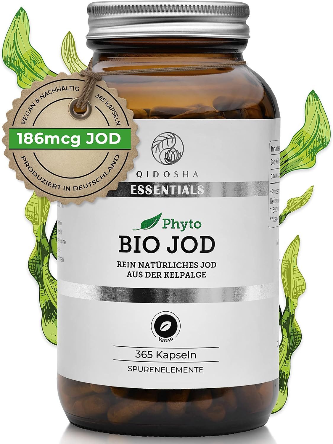 QIDOSHA Bio Jod Kapseln, im Apothekerglas, pflanzliches Jod aus der Bio Kelp-Alge, vegan, jede Charge laborgeprueft, deutsche Применитьung à 365 St., 131.1 g, Laboren geprüft & Made in Germany