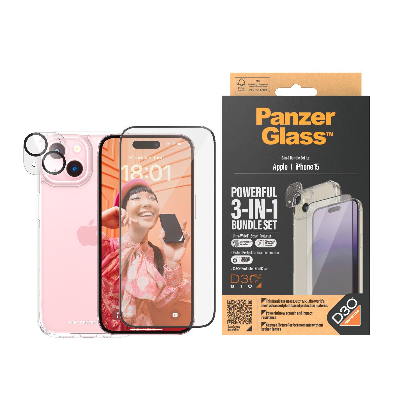 PanzerGlass Displayschutzglas 3-in-1-Pack Screen, Camera Protector und Cover für iPhone 15