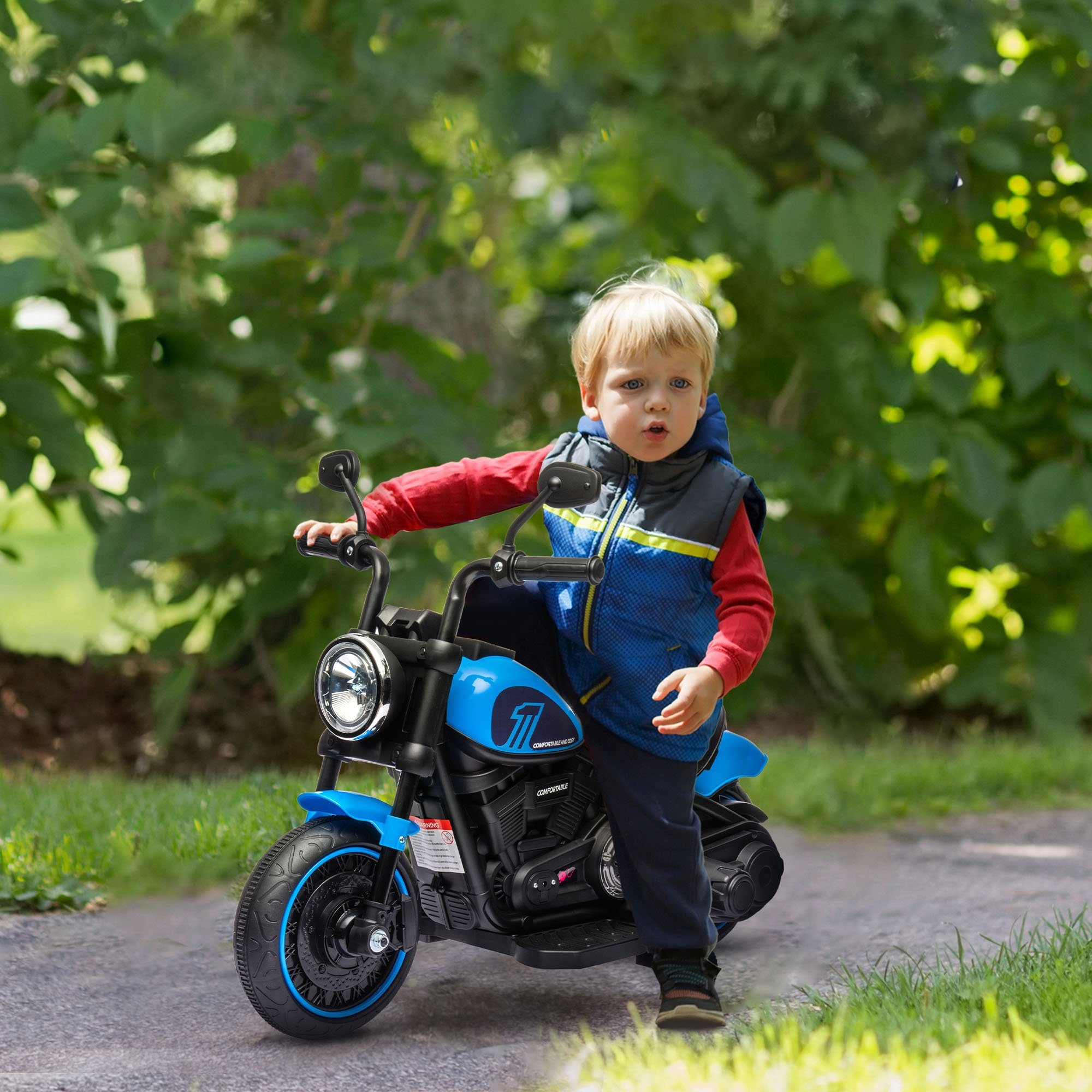 HOMCOM Elektro-Kindermotorrad Kinderfahrzeug mit 2 abnehmbaren Stützrädern Kunststoff Eisen Blau, Belastbarkeit 25 kg, (1-tlg), 76L x 42B x 57H cm