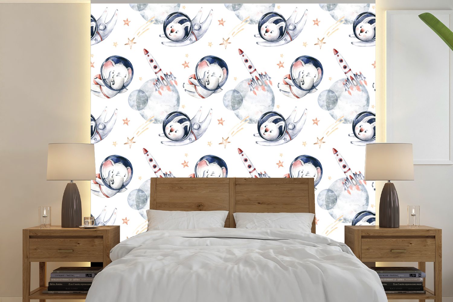 MuchoWow Fototapete Muster - Raumfahrt - Tiere - Jungen - Kinder - Mädchen, Matt, bedruckt, (5 St), Vinyl Tapete für Wohnzimmer oder Schlafzimmer, Wandtapete