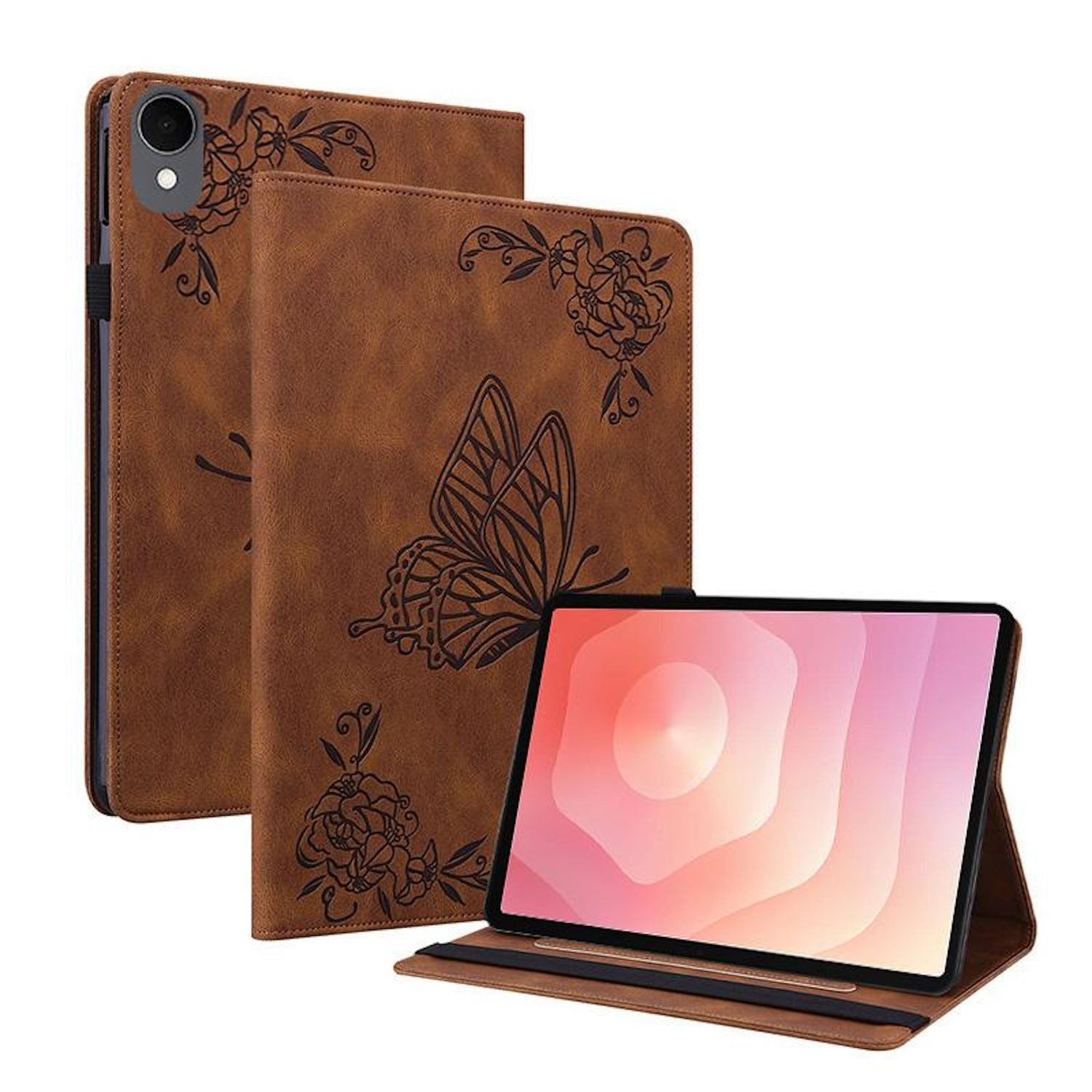 Wigento Tablet-Hülle Für Samsung Galaxy Tab S11 Schmetterling Kunstleder Tasche Braun, Kunstleder Schutzhülle Smart Case Design Cover