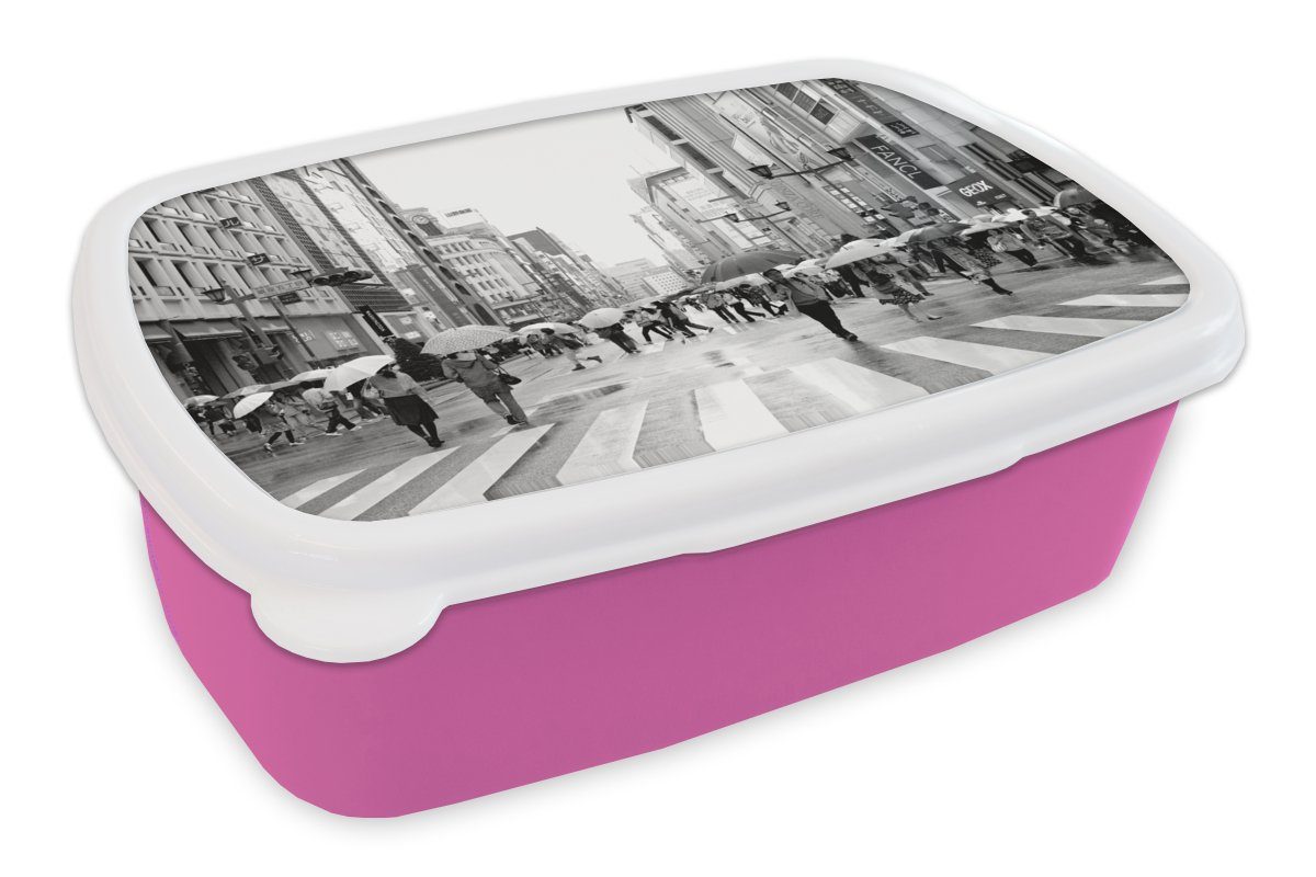 MuchoWow Lunchbox Ginza im Brotdose Kinder, rosa (2-tlg), Kunststoff Erwachsene, Snackbox, Brotbox Mädchen, schwarz-weiß für Kunststoff, Regen Foto