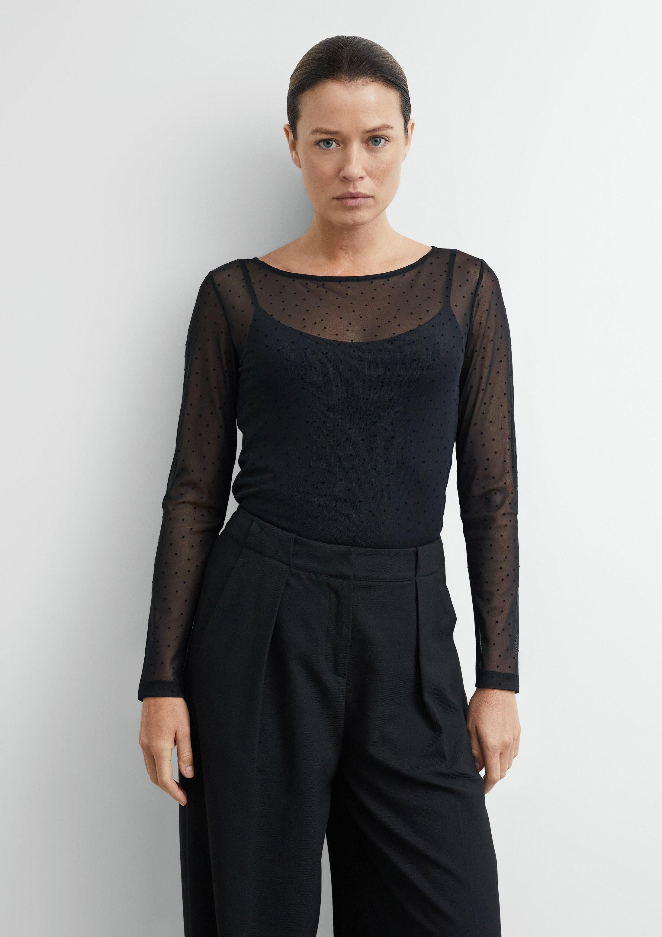 comma Langarmshirt T-Shirt Longsleeve aus Mesh mit Polka Dots