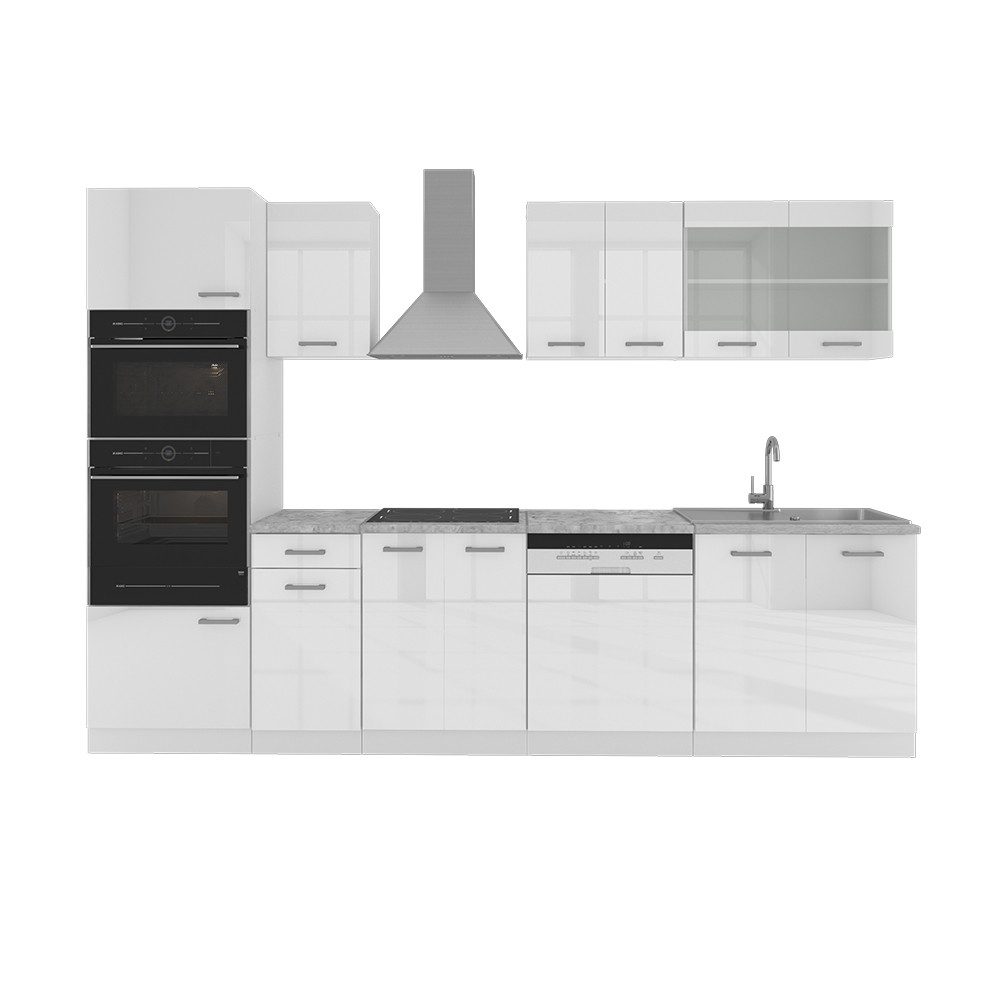Vicco Küchenzeile R-Line, Weiß Hochglanz/Weiß, 300 mit Hochschrank, mit Arbeitsplatte