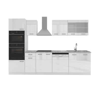 Livinity® Küchenzeile R-Line, Weiß Hochglanz/Weiß, 300 cm mit Hochschrank, AP Anthrazit